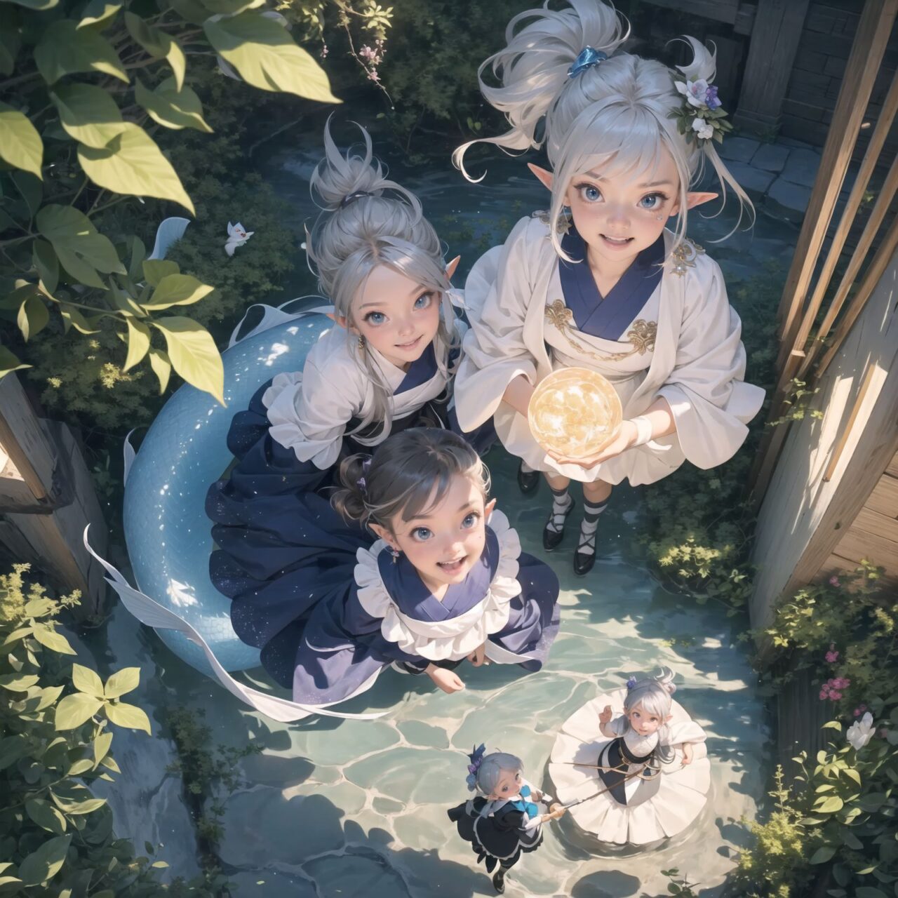 On International Fairy Day, a grand event is taking place in the magical world of fairies, 

(captured in an overhead view:1.6), 

The scene is set under a clear, starry night with a full moon casting a mystical glow. The air is crystal clear, enhancing the magical atmosphere.

In the center, four naive 18-year-old elf girls with blue-grey hair stylishly cut short, delicate hair flow, and deep dark blue-green eyes sparkling with purity, They are dressed in elegant Lolita fashion with black and white lace, intricate patterns, ribbons, and frills, over-the-knee socks, frilly headbands, petticoats for extra volume, lace gloves, aprons with frills, and frilled short boots. They have innocent, youthful expressions with gentle smiles, displaying shy idol smiles. 


Surrounding them, various fairies and mystical creatures from different clans have gathered, creating a vibrant and diverse scene. 

- **Pixies**: Tiny and mischievous fairies, common in British and Irish folklore, flit about with colorful, shimmering wings, spreading fairy dust and adding to the enchantment of the event.
- **Gnomes**: Small creatures deeply connected with minerals and plants, often found in gardens, are mingling among the guests, their presence adding a touch of earthy magic.
- **Sylphs**: Graceful and beautiful air spirits from Renaissance Europe float elegantly above the gathering, their ethereal forms illuminated by the moonlight.
- **Dwarves**: Skilled in metal and gem crafting, these small beings from Norse mythology are present, showcasing their intricate works and adding a sense of craftsmanship to the event.
- **Trolls**: Large and powerful creatures from Norse mythology, often depicted as fearsome, but here in a more comical and friendly manner, interacting with the guests and providing an element of strength and protection.
- **Succubi and Incubi**: These demonic beings from medieval European folklore, known for their seductive nature, are subtly blending in, their presence adding a mysterious allure to the night.
- **Mermaids**: Half-human, half-fish beings known for their enchanting voices, are present near a magical water feature, singing beautifully and mesmerizing the attendees.
- **Dragons**: Mighty and fire-breathing creatures from Asian and European mythology, are seen in the background, their majestic forms adding grandeur and a sense of awe to the celebration.

The entire event is filled with laughter, music, and the glow of magical lights. The fairies are celebrating their unity, sharing their tales, and enjoying the enchanting night. The natural lighting casts soft shadows, highlighting the intricate details of their elegant attire and the delicate textures of their hair and clothes.