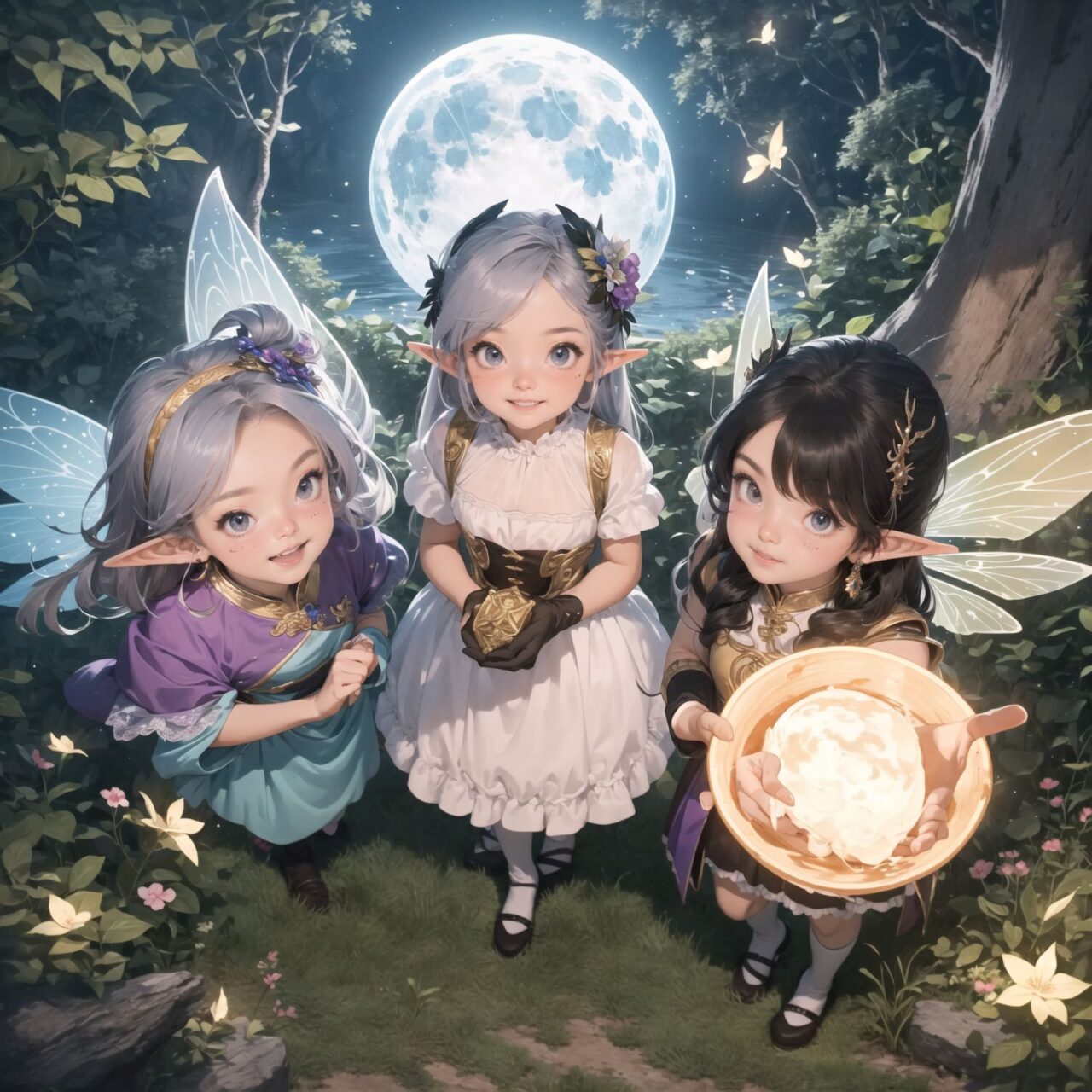 On International Fairy Day, a grand event is taking place in the magical world of fairies, 

(captured in an overhead view:1.6), 

The scene is set under a clear, starry night with a full moon casting a mystical glow. The air is crystal clear, enhancing the magical atmosphere.

In the center, four naive 18-year-old elf girls with blue-grey hair stylishly cut short, delicate hair flow, and deep dark blue-green eyes sparkling with purity, They are dressed in elegant Lolita fashion with black and white lace, intricate patterns, ribbons, and frills, over-the-knee socks, frilly headbands, petticoats for extra volume, lace gloves, aprons with frills, and frilled short boots. They have innocent, youthful expressions with gentle smiles, displaying shy idol smiles. 


Surrounding them, various fairies and mystical creatures from different clans have gathered, creating a vibrant and diverse scene. 

- **Pixies**: Tiny and mischievous fairies, common in British and Irish folklore, flit about with colorful, shimmering wings, spreading fairy dust and adding to the enchantment of the event.
- **Gnomes**: Small creatures deeply connected with minerals and plants, often found in gardens, are mingling among the guests, their presence adding a touch of earthy magic.
- **Sylphs**: Graceful and beautiful air spirits from Renaissance Europe float elegantly above the gathering, their ethereal forms illuminated by the moonlight.
- **Dwarves**: Skilled in metal and gem crafting, these small beings from Norse mythology are present, showcasing their intricate works and adding a sense of craftsmanship to the event.
- **Trolls**: Large and powerful creatures from Norse mythology, often depicted as fearsome, but here in a more comical and friendly manner, interacting with the guests and providing an element of strength and protection.
- **Succubi and Incubi**: These demonic beings from medieval European folklore, known for their seductive nature, are subtly blending in, their presence adding a mysterious allure to the night.
- **Mermaids**: Half-human, half-fish beings known for their enchanting voices, are present near a magical water feature, singing beautifully and mesmerizing the attendees.
- **Dragons**: Mighty and fire-breathing creatures from Asian and European mythology, are seen in the background, their majestic forms adding grandeur and a sense of awe to the celebration.

The entire event is filled with laughter, music, and the glow of magical lights. The fairies are celebrating their unity, sharing their tales, and enjoying the enchanting night. The natural lighting casts soft shadows, highlighting the intricate details of their elegant attire and the delicate textures of their hair and clothes.