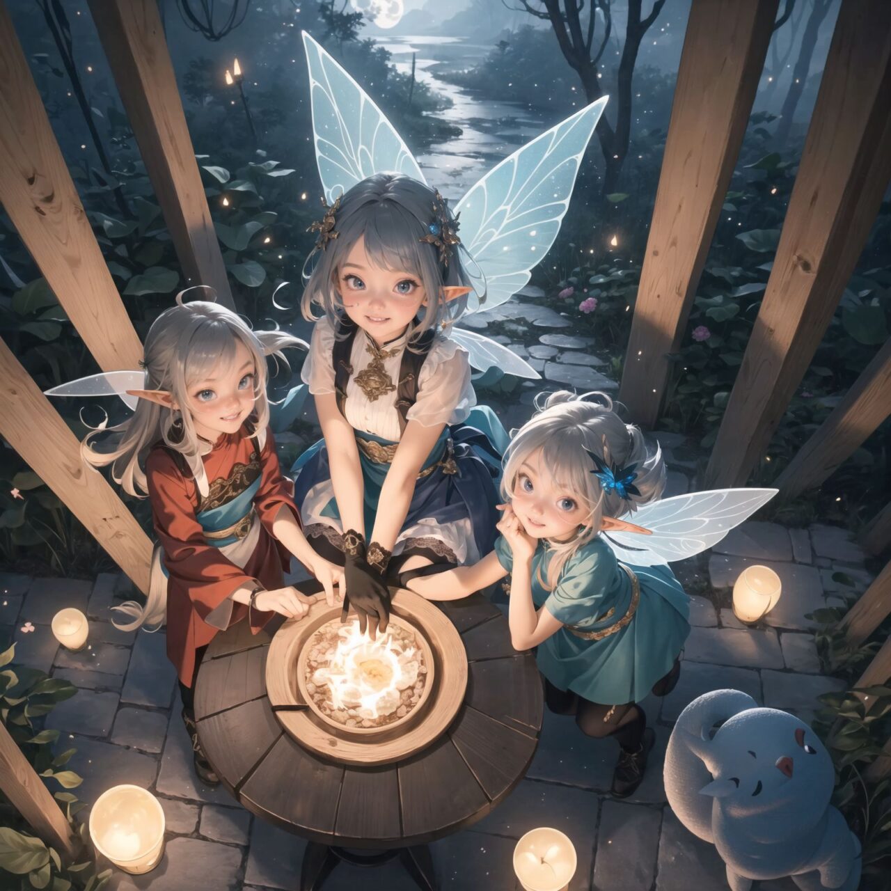 On International Fairy Day, a grand event is taking place in the magical world of fairies, 

(captured in an overhead view:1.6), 

The scene is set under a clear, starry night with a full moon casting a mystical glow. The air is crystal clear, enhancing the magical atmosphere.

In the center, four naive 18-year-old elf girls with blue-grey hair stylishly cut short, delicate hair flow, and deep dark blue-green eyes sparkling with purity, They are dressed in elegant Lolita fashion with black and white lace, intricate patterns, ribbons, and frills, over-the-knee socks, frilly headbands, petticoats for extra volume, lace gloves, aprons with frills, and frilled short boots. They have innocent, youthful expressions with gentle smiles, displaying shy idol smiles. 


Surrounding them, various fairies and mystical creatures from different clans have gathered, creating a vibrant and diverse scene. 

- **Pixies**: Tiny and mischievous fairies, common in British and Irish folklore, flit about with colorful, shimmering wings, spreading fairy dust and adding to the enchantment of the event.
- **Gnomes**: Small creatures deeply connected with minerals and plants, often found in gardens, are mingling among the guests, their presence adding a touch of earthy magic.
- **Sylphs**: Graceful and beautiful air spirits from Renaissance Europe float elegantly above the gathering, their ethereal forms illuminated by the moonlight.
- **Dwarves**: Skilled in metal and gem crafting, these small beings from Norse mythology are present, showcasing their intricate works and adding a sense of craftsmanship to the event.
- **Trolls**: Large and powerful creatures from Norse mythology, often depicted as fearsome, but here in a more comical and friendly manner, interacting with the guests and providing an element of strength and protection.
- **Succubi and Incubi**: These demonic beings from medieval European folklore, known for their seductive nature, are subtly blending in, their presence adding a mysterious allure to the night.
- **Mermaids**: Half-human, half-fish beings known for their enchanting voices, are present near a magical water feature, singing beautifully and mesmerizing the attendees.
- **Dragons**: Mighty and fire-breathing creatures from Asian and European mythology, are seen in the background, their majestic forms adding grandeur and a sense of awe to the celebration.

The entire event is filled with laughter, music, and the glow of magical lights. The fairies are celebrating their unity, sharing their tales, and enjoying the enchanting night. The natural lighting casts soft shadows, highlighting the intricate details of their elegant attire and the delicate textures of their hair and clothes.