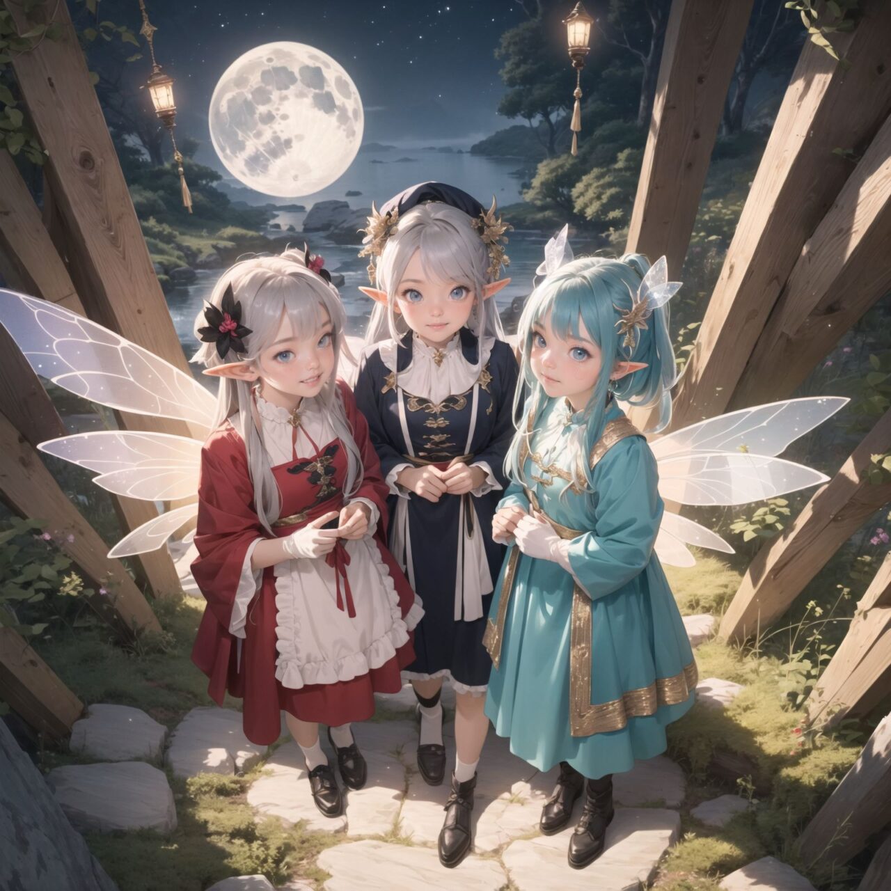 On International Fairy Day, a grand event is taking place in the magical world of fairies, 

(captured in an overhead view:1.6), 

The scene is set under a clear, starry night with a full moon casting a mystical glow. The air is crystal clear, enhancing the magical atmosphere.

In the center, four naive 18-year-old elf girls with blue-grey hair stylishly cut short, delicate hair flow, and deep dark blue-green eyes sparkling with purity, They are dressed in elegant Lolita fashion with black and white lace, intricate patterns, ribbons, and frills, over-the-knee socks, frilly headbands, petticoats for extra volume, lace gloves, aprons with frills, and frilled short boots. They have innocent, youthful expressions with gentle smiles, displaying shy idol smiles. 


Surrounding them, various fairies and mystical creatures from different clans have gathered, creating a vibrant and diverse scene. 

- **Pixies**: Tiny and mischievous fairies, common in British and Irish folklore, flit about with colorful, shimmering wings, spreading fairy dust and adding to the enchantment of the event.
- **Gnomes**: Small creatures deeply connected with minerals and plants, often found in gardens, are mingling among the guests, their presence adding a touch of earthy magic.
- **Sylphs**: Graceful and beautiful air spirits from Renaissance Europe float elegantly above the gathering, their ethereal forms illuminated by the moonlight.
- **Dwarves**: Skilled in metal and gem crafting, these small beings from Norse mythology are present, showcasing their intricate works and adding a sense of craftsmanship to the event.
- **Trolls**: Large and powerful creatures from Norse mythology, often depicted as fearsome, but here in a more comical and friendly manner, interacting with the guests and providing an element of strength and protection.
- **Succubi and Incubi**: These demonic beings from medieval European folklore, known for their seductive nature, are subtly blending in, their presence adding a mysterious allure to the night.
- **Mermaids**: Half-human, half-fish beings known for their enchanting voices, are present near a magical water feature, singing beautifully and mesmerizing the attendees.
- **Dragons**: Mighty and fire-breathing creatures from Asian and European mythology, are seen in the background, their majestic forms adding grandeur and a sense of awe to the celebration.

The entire event is filled with laughter, music, and the glow of magical lights. The fairies are celebrating their unity, sharing their tales, and enjoying the enchanting night. The natural lighting casts soft shadows, highlighting the intricate details of their elegant attire and the delicate textures of their hair and clothes.