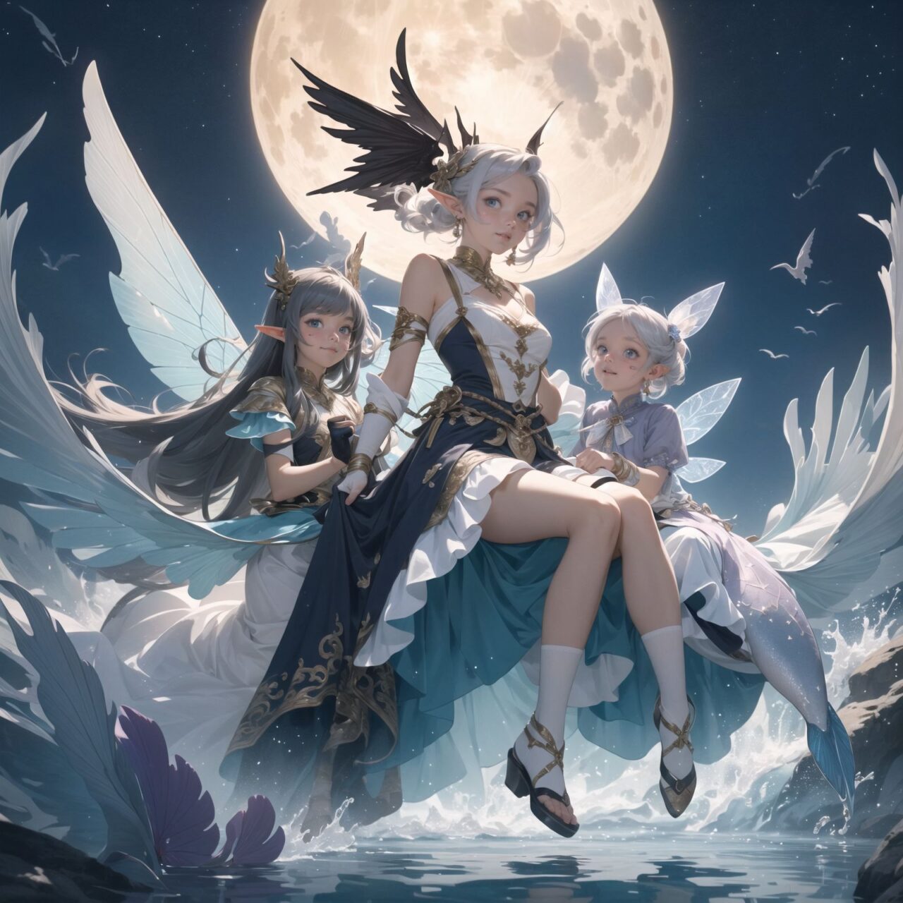 On International Fairy Day, a grand event is taking place in the magical world of fairies, 

This is a panoramic view of the event.

The scene is set under a clear, starry night with a full moon casting a mystical glow. The air is crystal clear, enhancing the magical atmosphere.

In the center, four naive 18-year-old elf girls with blue-grey hair stylishly cut short, delicate hair flow, and deep dark blue-green eyes sparkling with purity, They are dressed in elegant Lolita fashion with black and white lace, intricate patterns, ribbons, and frills, over-the-knee socks, frilly headbands, petticoats for extra volume, lace gloves, aprons with frills, and frilled short boots. They have innocent, youthful expressions with gentle smiles, displaying shy idol smiles. 


Surrounding them, various fairies and mystical creatures from different clans have gathered, creating a vibrant and diverse scene. 

- **Pixies**: Tiny and mischievous fairies, common in British and Irish folklore, flit about with colorful, shimmering wings, spreading fairy dust and adding to the enchantment of the event.
- **Gnomes**: Small creatures deeply connected with minerals and plants, often found in gardens, are mingling among the guests, their presence adding a touch of earthy magic.
- **Sylphs**: Graceful and beautiful air spirits from Renaissance Europe float elegantly above the gathering, their ethereal forms illuminated by the moonlight.
- **Dwarves**: Skilled in metal and gem crafting, these small beings from Norse mythology are present, showcasing their intricate works and adding a sense of craftsmanship to the event.
- **Trolls**: Large and powerful creatures from Norse mythology, often depicted as fearsome, but here in a more comical and friendly manner, interacting with the guests and providing an element of strength and protection.
- **Succubi and Incubi**: These demonic beings from medieval European folklore, known for their seductive nature, are subtly blending in, their presence adding a mysterious allure to the night.
- **Mermaids**: Half-human, half-fish beings known for their enchanting voices, are present near a magical water feature, singing beautifully and mesmerizing the attendees.
- **Dragons**: Mighty and fire-breathing creatures from Asian and European mythology, are seen in the background, their majestic forms adding grandeur and a sense of awe to the celebration.

The entire event is filled with laughter, music, and the glow of magical lights. The fairies are celebrating their unity, sharing their tales, and enjoying the enchanting night. The natural lighting casts soft shadows, highlighting the intricate details of their elegant attire and the delicate textures of their hair and clothes.