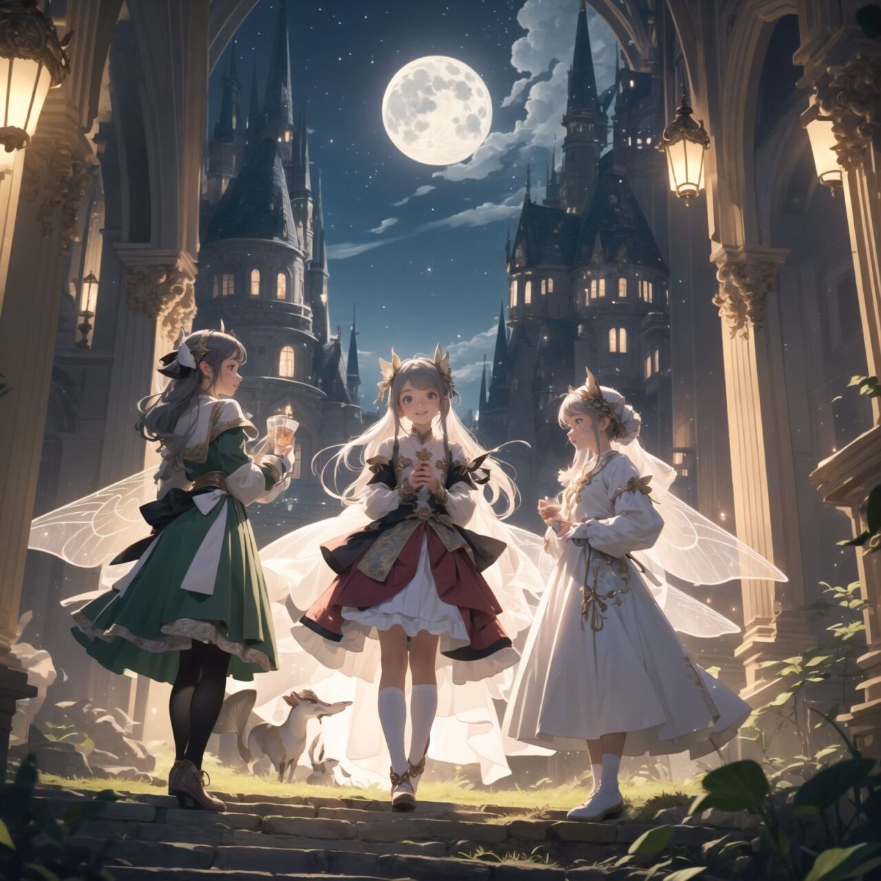 On International Fairy Day, a grand event is taking place in the magical world of fairies, 

This is a panoramic view of the event.

The scene is set under a clear, starry night with a full moon casting a mystical glow. The air is crystal clear, enhancing the magical atmosphere.

In the center, four naive 18-year-old elf girls with blue-grey hair stylishly cut short, delicate hair flow, and deep dark blue-green eyes sparkling with purity, They are dressed in elegant Lolita fashion with black and white lace, intricate patterns, ribbons, and frills, over-the-knee socks, frilly headbands, petticoats for extra volume, lace gloves, aprons with frills, and frilled short boots. They have innocent, youthful expressions with gentle smiles, displaying shy idol smiles. 


Surrounding them, various fairies and mystical creatures from different clans have gathered, creating a vibrant and diverse scene. 

- **Pixies**: Tiny and mischievous fairies, common in British and Irish folklore, flit about with colorful, shimmering wings, spreading fairy dust and adding to the enchantment of the event.
- **Gnomes**: Small creatures deeply connected with minerals and plants, often found in gardens, are mingling among the guests, their presence adding a touch of earthy magic.
- **Sylphs**: Graceful and beautiful air spirits from Renaissance Europe float elegantly above the gathering, their ethereal forms illuminated by the moonlight.
- **Dwarves**: Skilled in metal and gem crafting, these small beings from Norse mythology are present, showcasing their intricate works and adding a sense of craftsmanship to the event.
- **Trolls**: Large and powerful creatures from Norse mythology, often depicted as fearsome, but here in a more comical and friendly manner, interacting with the guests and providing an element of strength and protection.
- **Succubi and Incubi**: These demonic beings from medieval European folklore, known for their seductive nature, are subtly blending in, their presence adding a mysterious allure to the night.
- **Mermaids**: Half-human, half-fish beings known for their enchanting voices, are present near a magical water feature, singing beautifully and mesmerizing the attendees.
- **Dragons**: Mighty and fire-breathing creatures from Asian and European mythology, are seen in the background, their majestic forms adding grandeur and a sense of awe to the celebration.

The entire event is filled with laughter, music, and the glow of magical lights. The fairies are celebrating their unity, sharing their tales, and enjoying the enchanting night. The natural lighting casts soft shadows, highlighting the intricate details of their elegant attire and the delicate textures of their hair and clothes.