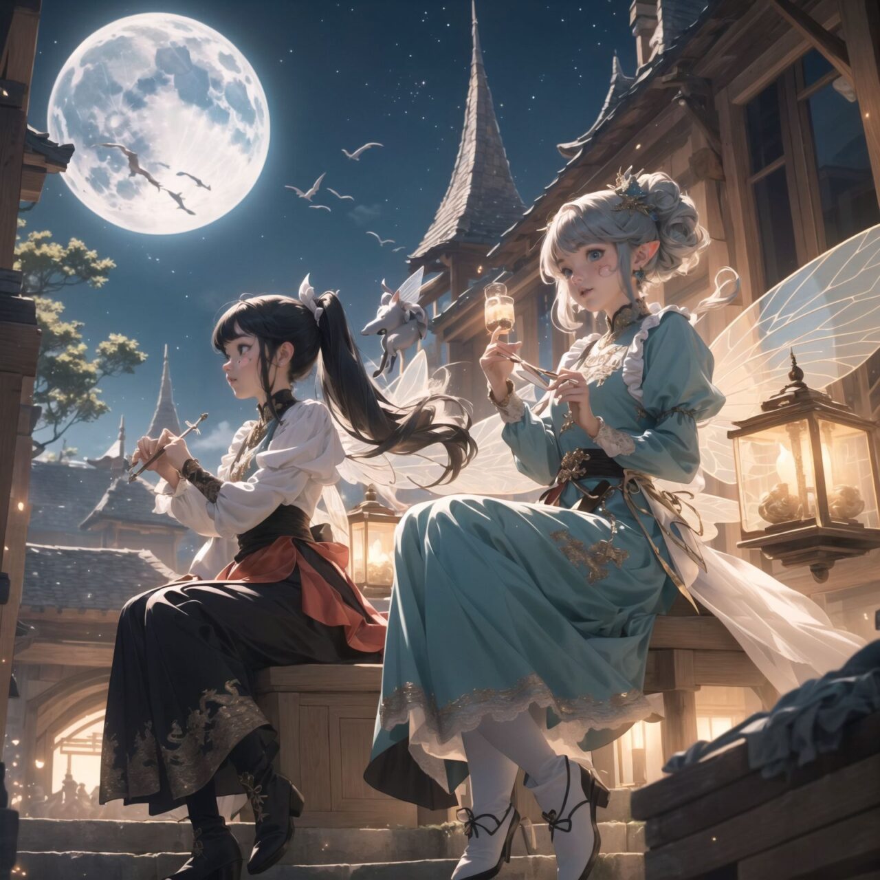 On International Fairy Day, a grand event is taking place in the magical world of fairies, 

This is a panoramic view of the event.

The scene is set under a clear, starry night with a full moon casting a mystical glow. The air is crystal clear, enhancing the magical atmosphere.

In the center, four naive 18-year-old elf girls with blue-grey hair stylishly cut short, delicate hair flow, and deep dark blue-green eyes sparkling with purity, They are dressed in elegant Lolita fashion with black and white lace, intricate patterns, ribbons, and frills, over-the-knee socks, frilly headbands, petticoats for extra volume, lace gloves, aprons with frills, and frilled short boots. They have innocent, youthful expressions with gentle smiles, displaying shy idol smiles. 


Surrounding them, various fairies and mystical creatures from different clans have gathered, creating a vibrant and diverse scene. 

- **Pixies**: Tiny and mischievous fairies, common in British and Irish folklore, flit about with colorful, shimmering wings, spreading fairy dust and adding to the enchantment of the event.
- **Gnomes**: Small creatures deeply connected with minerals and plants, often found in gardens, are mingling among the guests, their presence adding a touch of earthy magic.
- **Sylphs**: Graceful and beautiful air spirits from Renaissance Europe float elegantly above the gathering, their ethereal forms illuminated by the moonlight.
- **Dwarves**: Skilled in metal and gem crafting, these small beings from Norse mythology are present, showcasing their intricate works and adding a sense of craftsmanship to the event.
- **Trolls**: Large and powerful creatures from Norse mythology, often depicted as fearsome, but here in a more comical and friendly manner, interacting with the guests and providing an element of strength and protection.
- **Succubi and Incubi**: These demonic beings from medieval European folklore, known for their seductive nature, are subtly blending in, their presence adding a mysterious allure to the night.
- **Mermaids**: Half-human, half-fish beings known for their enchanting voices, are present near a magical water feature, singing beautifully and mesmerizing the attendees.
- **Dragons**: Mighty and fire-breathing creatures from Asian and European mythology, are seen in the background, their majestic forms adding grandeur and a sense of awe to the celebration.

The entire event is filled with laughter, music, and the glow of magical lights. The fairies are celebrating their unity, sharing their tales, and enjoying the enchanting night. The natural lighting casts soft shadows, highlighting the intricate details of their elegant attire and the delicate textures of their hair and clothes.