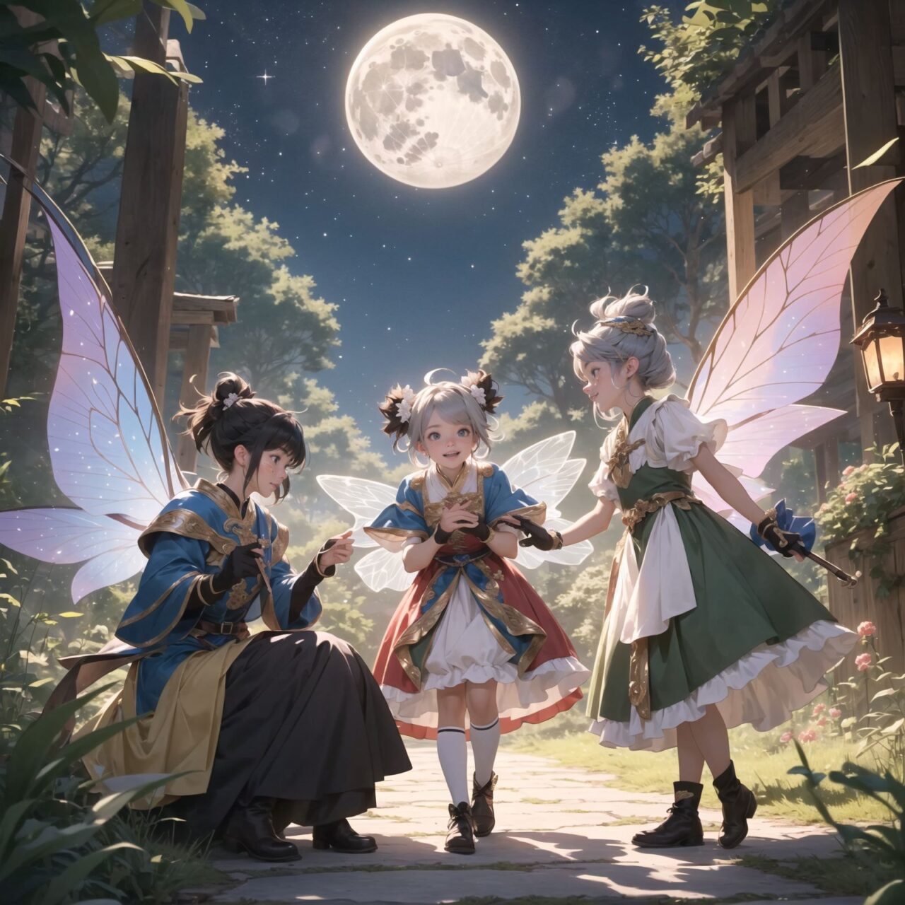 On International Fairy Day, a grand event is taking place in the magical world of fairies, 

This is a panoramic view of the event.

The scene is set under a clear, starry night with a full moon casting a mystical glow. The air is crystal clear, enhancing the magical atmosphere.

In the center, four naive 18-year-old elf girls with blue-grey hair stylishly cut short, delicate hair flow, and deep dark blue-green eyes sparkling with purity, They are dressed in elegant Lolita fashion with black and white lace, intricate patterns, ribbons, and frills, over-the-knee socks, frilly headbands, petticoats for extra volume, lace gloves, aprons with frills, and frilled short boots. They have innocent, youthful expressions with gentle smiles, displaying shy idol smiles. 


Surrounding them, various fairies and mystical creatures from different clans have gathered, creating a vibrant and diverse scene. 

- **Pixies**: Tiny and mischievous fairies, common in British and Irish folklore, flit about with colorful, shimmering wings, spreading fairy dust and adding to the enchantment of the event.
- **Gnomes**: Small creatures deeply connected with minerals and plants, often found in gardens, are mingling among the guests, their presence adding a touch of earthy magic.
- **Sylphs**: Graceful and beautiful air spirits from Renaissance Europe float elegantly above the gathering, their ethereal forms illuminated by the moonlight.
- **Dwarves**: Skilled in metal and gem crafting, these small beings from Norse mythology are present, showcasing their intricate works and adding a sense of craftsmanship to the event.
- **Trolls**: Large and powerful creatures from Norse mythology, often depicted as fearsome, but here in a more comical and friendly manner, interacting with the guests and providing an element of strength and protection.
- **Succubi and Incubi**: These demonic beings from medieval European folklore, known for their seductive nature, are subtly blending in, their presence adding a mysterious allure to the night.
- **Mermaids**: Half-human, half-fish beings known for their enchanting voices, are present near a magical water feature, singing beautifully and mesmerizing the attendees.
- **Dragons**: Mighty and fire-breathing creatures from Asian and European mythology, are seen in the background, their majestic forms adding grandeur and a sense of awe to the celebration.

The entire event is filled with laughter, music, and the glow of magical lights. The fairies are celebrating their unity, sharing their tales, and enjoying the enchanting night. The natural lighting casts soft shadows, highlighting the intricate details of their elegant attire and the delicate textures of their hair and clothes.