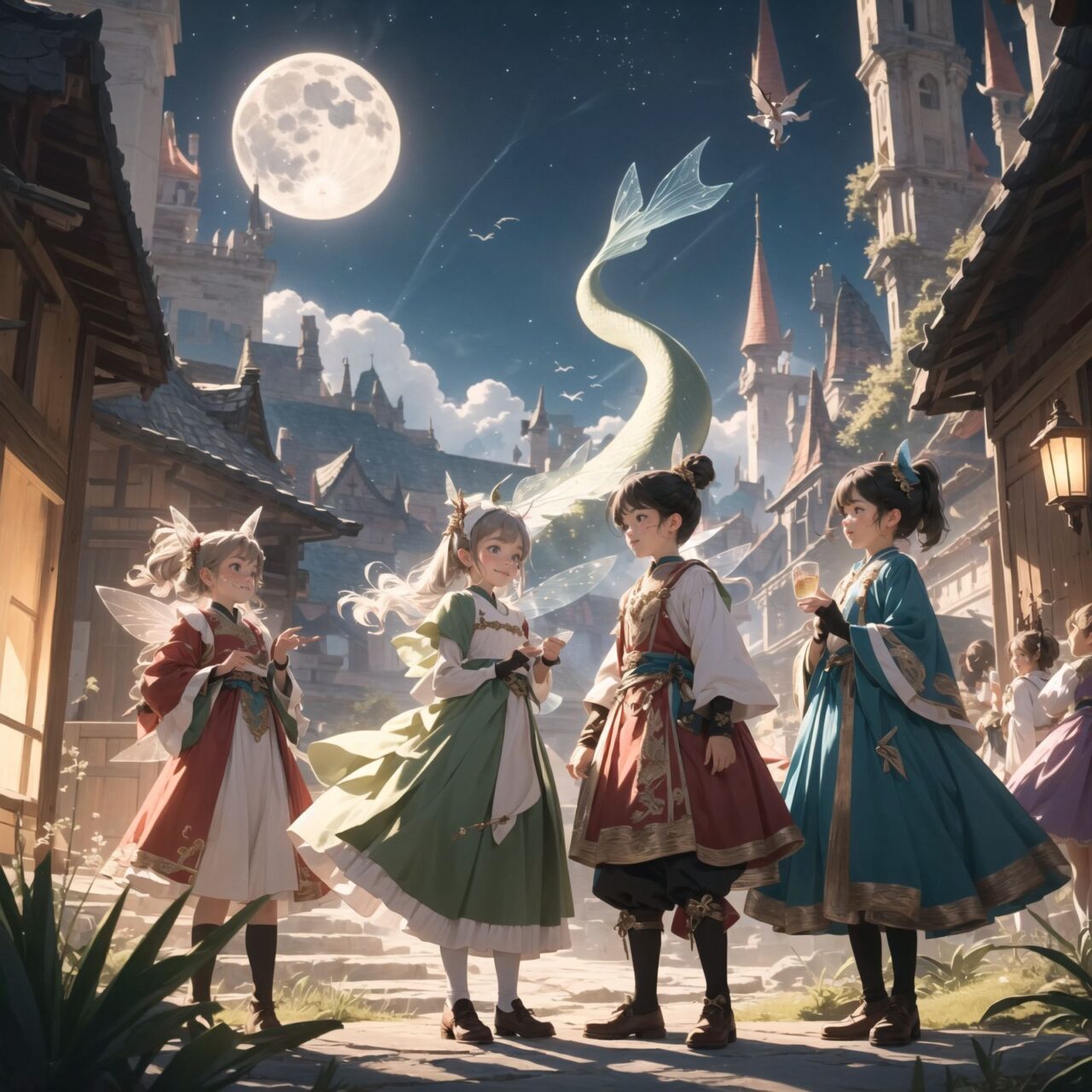 On International Fairy Day, a grand event is taking place in the magical world of fairies, 

This is a panoramic view of the event.

The scene is set under a clear, starry night with a full moon casting a mystical glow. The air is crystal clear, enhancing the magical atmosphere.

In the center, four naive 18-year-old elf girls with blue-grey hair stylishly cut short, delicate hair flow, and deep dark blue-green eyes sparkling with purity, They are dressed in elegant Lolita fashion with black and white lace, intricate patterns, ribbons, and frills, over-the-knee socks, frilly headbands, petticoats for extra volume, lace gloves, aprons with frills, and frilled short boots. They have innocent, youthful expressions with gentle smiles, displaying shy idol smiles. 


Surrounding them, various fairies and mystical creatures from different clans have gathered, creating a vibrant and diverse scene. 

- **Pixies**: Tiny and mischievous fairies, common in British and Irish folklore, flit about with colorful, shimmering wings, spreading fairy dust and adding to the enchantment of the event.
- **Gnomes**: Small creatures deeply connected with minerals and plants, often found in gardens, are mingling among the guests, their presence adding a touch of earthy magic.
- **Sylphs**: Graceful and beautiful air spirits from Renaissance Europe float elegantly above the gathering, their ethereal forms illuminated by the moonlight.
- **Dwarves**: Skilled in metal and gem crafting, these small beings from Norse mythology are present, showcasing their intricate works and adding a sense of craftsmanship to the event.
- **Trolls**: Large and powerful creatures from Norse mythology, often depicted as fearsome, but here in a more comical and friendly manner, interacting with the guests and providing an element of strength and protection.
- **Succubi and Incubi**: These demonic beings from medieval European folklore, known for their seductive nature, are subtly blending in, their presence adding a mysterious allure to the night.
- **Mermaids**: Half-human, half-fish beings known for their enchanting voices, are present near a magical water feature, singing beautifully and mesmerizing the attendees.
- **Dragons**: Mighty and fire-breathing creatures from Asian and European mythology, are seen in the background, their majestic forms adding grandeur and a sense of awe to the celebration.

The entire event is filled with laughter, music, and the glow of magical lights. The fairies are celebrating their unity, sharing their tales, and enjoying the enchanting night. The natural lighting casts soft shadows, highlighting the intricate details of their elegant attire and the delicate textures of their hair and clothes.