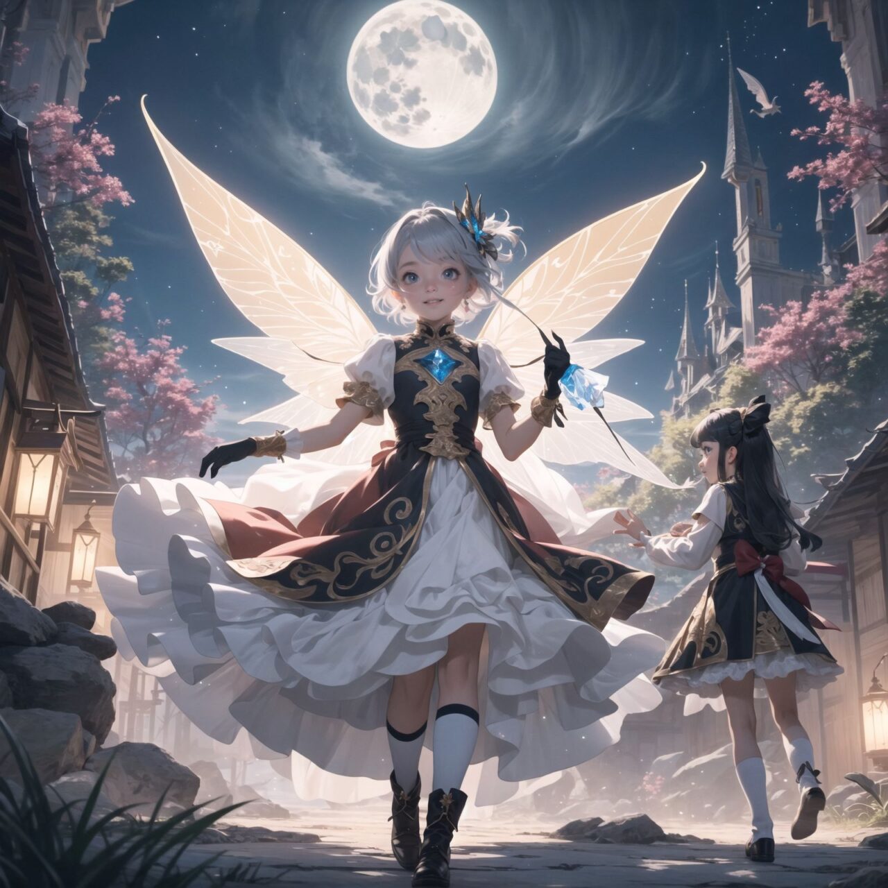 On International Fairy Day, a grand event is taking place in the magical world of fairies, 

This is a panoramic view of the event.

The scene is set under a clear, starry night with a full moon casting a mystical glow. The air is crystal clear, enhancing the magical atmosphere.

In the center, four naive 18-year-old elf girls with blue-grey hair stylishly cut short, delicate hair flow, and deep dark blue-green eyes sparkling with purity, They are dressed in elegant Lolita fashion with black and white lace, intricate patterns, ribbons, and frills, over-the-knee socks, frilly headbands, petticoats for extra volume, lace gloves, aprons with frills, and frilled short boots. They have innocent, youthful expressions with gentle smiles, displaying shy idol smiles. 


Surrounding them, various fairies and mystical creatures from different clans have gathered, creating a vibrant and diverse scene. 

- **Pixies**: Tiny and mischievous fairies, common in British and Irish folklore, flit about with colorful, shimmering wings, spreading fairy dust and adding to the enchantment of the event.
- **Gnomes**: Small creatures deeply connected with minerals and plants, often found in gardens, are mingling among the guests, their presence adding a touch of earthy magic.
- **Sylphs**: Graceful and beautiful air spirits from Renaissance Europe float elegantly above the gathering, their ethereal forms illuminated by the moonlight.
- **Dwarves**: Skilled in metal and gem crafting, these small beings from Norse mythology are present, showcasing their intricate works and adding a sense of craftsmanship to the event.
- **Trolls**: Large and powerful creatures from Norse mythology, often depicted as fearsome, but here in a more comical and friendly manner, interacting with the guests and providing an element of strength and protection.
- **Succubi and Incubi**: These demonic beings from medieval European folklore, known for their seductive nature, are subtly blending in, their presence adding a mysterious allure to the night.
- **Mermaids**: Half-human, half-fish beings known for their enchanting voices, are present near a magical water feature, singing beautifully and mesmerizing the attendees.
- **Dragons**: Mighty and fire-breathing creatures from Asian and European mythology, are seen in the background, their majestic forms adding grandeur and a sense of awe to the celebration.

The entire event is filled with laughter, music, and the glow of magical lights. The fairies are celebrating their unity, sharing their tales, and enjoying the enchanting night. The natural lighting casts soft shadows, highlighting the intricate details of their elegant attire and the delicate textures of their hair and clothes.