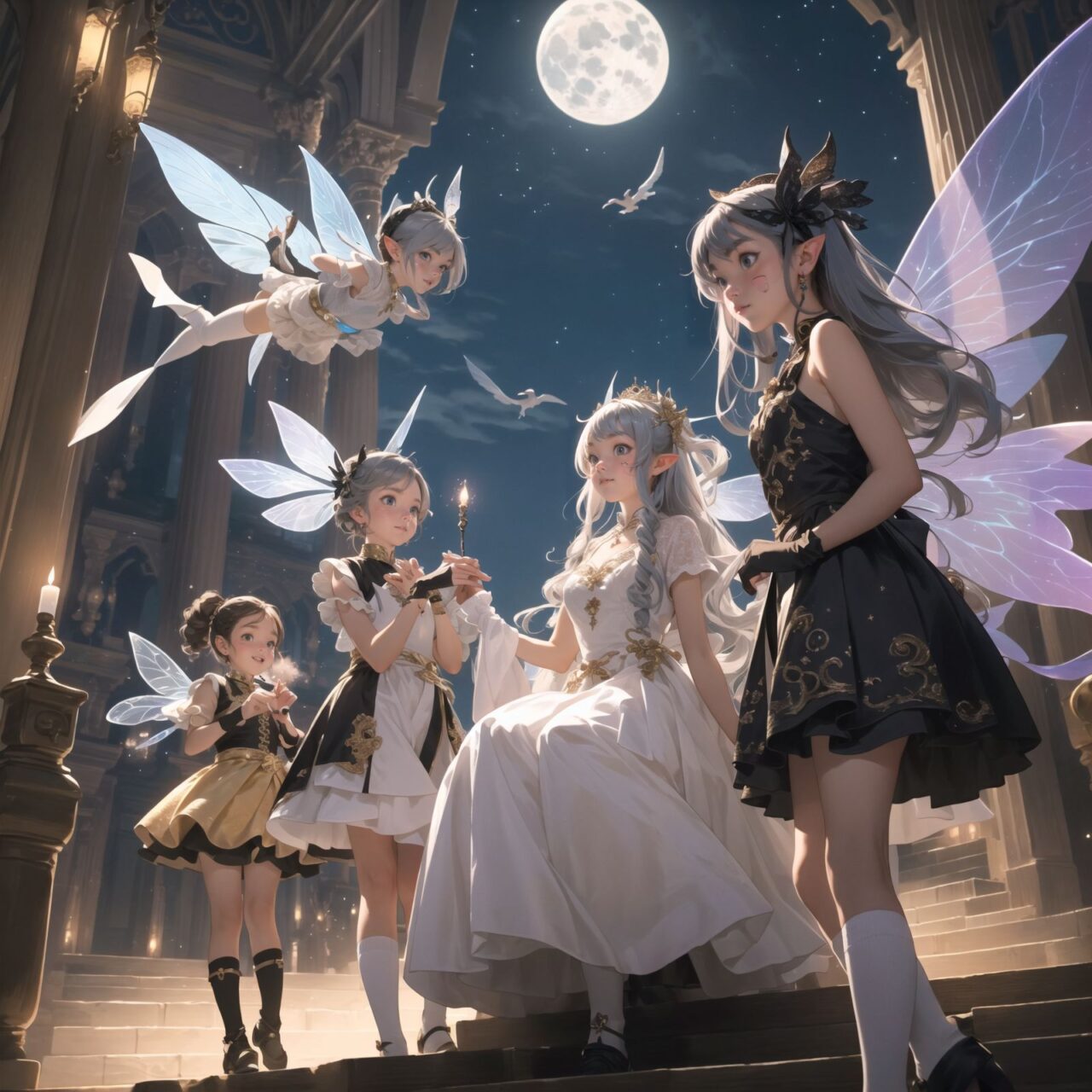 On International Fairy Day, a grand event is taking place in the magical world of fairies, 

This is a panoramic view of the event.

The scene is set under a clear, starry night with a full moon casting a mystical glow. The air is crystal clear, enhancing the magical atmosphere.

In the center, four naive 18-year-old elf girls with blue-grey hair stylishly cut short, delicate hair flow, and deep dark blue-green eyes sparkling with purity, They are dressed in elegant Lolita fashion with black and white lace, intricate patterns, ribbons, and frills, over-the-knee socks, frilly headbands, petticoats for extra volume, lace gloves, aprons with frills, and frilled short boots. They have innocent, youthful expressions with gentle smiles, displaying shy idol smiles. 


Surrounding them, various fairies and mystical creatures from different clans have gathered, creating a vibrant and diverse scene. 

- **Pixies**: Tiny and mischievous fairies, common in British and Irish folklore, flit about with colorful, shimmering wings, spreading fairy dust and adding to the enchantment of the event.
- **Gnomes**: Small creatures deeply connected with minerals and plants, often found in gardens, are mingling among the guests, their presence adding a touch of earthy magic.
- **Sylphs**: Graceful and beautiful air spirits from Renaissance Europe float elegantly above the gathering, their ethereal forms illuminated by the moonlight.
- **Dwarves**: Skilled in metal and gem crafting, these small beings from Norse mythology are present, showcasing their intricate works and adding a sense of craftsmanship to the event.
- **Trolls**: Large and powerful creatures from Norse mythology, often depicted as fearsome, but here in a more comical and friendly manner, interacting with the guests and providing an element of strength and protection.
- **Succubi and Incubi**: These demonic beings from medieval European folklore, known for their seductive nature, are subtly blending in, their presence adding a mysterious allure to the night.
- **Mermaids**: Half-human, half-fish beings known for their enchanting voices, are present near a magical water feature, singing beautifully and mesmerizing the attendees.
- **Dragons**: Mighty and fire-breathing creatures from Asian and European mythology, are seen in the background, their majestic forms adding grandeur and a sense of awe to the celebration.

The entire event is filled with laughter, music, and the glow of magical lights. The fairies are celebrating their unity, sharing their tales, and enjoying the enchanting night. The natural lighting casts soft shadows, highlighting the intricate details of their elegant attire and the delicate textures of their hair and clothes.