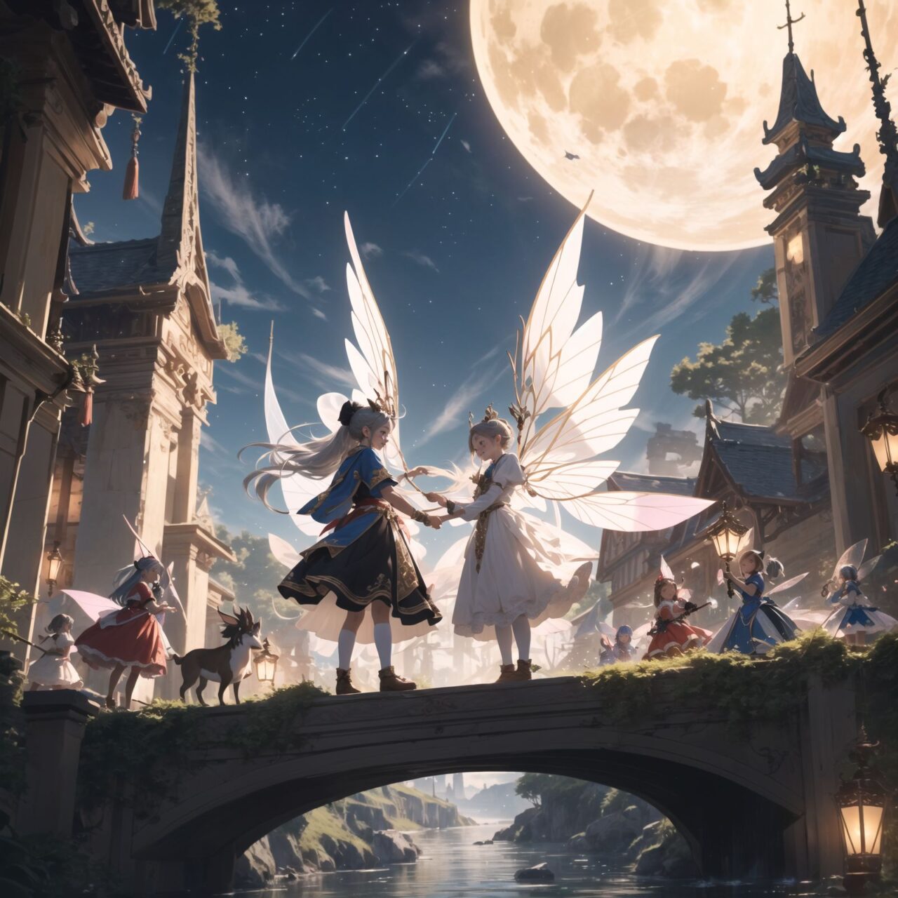 On International Fairy Day, a grand event is taking place in the magical world of fairies, 

This is a panoramic view of the event.

The scene is set under a clear, starry night with a full moon casting a mystical glow. The air is crystal clear, enhancing the magical atmosphere.

In the center, four naive 18-year-old elf girls with blue-grey hair stylishly cut short, delicate hair flow, and deep dark blue-green eyes sparkling with purity, They are dressed in elegant Lolita fashion with black and white lace, intricate patterns, ribbons, and frills, over-the-knee socks, frilly headbands, petticoats for extra volume, lace gloves, aprons with frills, and frilled short boots. They have innocent, youthful expressions with gentle smiles, displaying shy idol smiles. 


Surrounding them, various fairies and mystical creatures from different clans have gathered, creating a vibrant and diverse scene. 

- **Pixies**: Tiny and mischievous fairies, common in British and Irish folklore, flit about with colorful, shimmering wings, spreading fairy dust and adding to the enchantment of the event.
- **Gnomes**: Small creatures deeply connected with minerals and plants, often found in gardens, are mingling among the guests, their presence adding a touch of earthy magic.
- **Sylphs**: Graceful and beautiful air spirits from Renaissance Europe float elegantly above the gathering, their ethereal forms illuminated by the moonlight.
- **Dwarves**: Skilled in metal and gem crafting, these small beings from Norse mythology are present, showcasing their intricate works and adding a sense of craftsmanship to the event.
- **Trolls**: Large and powerful creatures from Norse mythology, often depicted as fearsome, but here in a more comical and friendly manner, interacting with the guests and providing an element of strength and protection.
- **Succubi and Incubi**: These demonic beings from medieval European folklore, known for their seductive nature, are subtly blending in, their presence adding a mysterious allure to the night.
- **Mermaids**: Half-human, half-fish beings known for their enchanting voices, are present near a magical water feature, singing beautifully and mesmerizing the attendees.
- **Dragons**: Mighty and fire-breathing creatures from Asian and European mythology, are seen in the background, their majestic forms adding grandeur and a sense of awe to the celebration.

The entire event is filled with laughter, music, and the glow of magical lights. The fairies are celebrating their unity, sharing their tales, and enjoying the enchanting night. The natural lighting casts soft shadows, highlighting the intricate details of their elegant attire and the delicate textures of their hair and clothes.