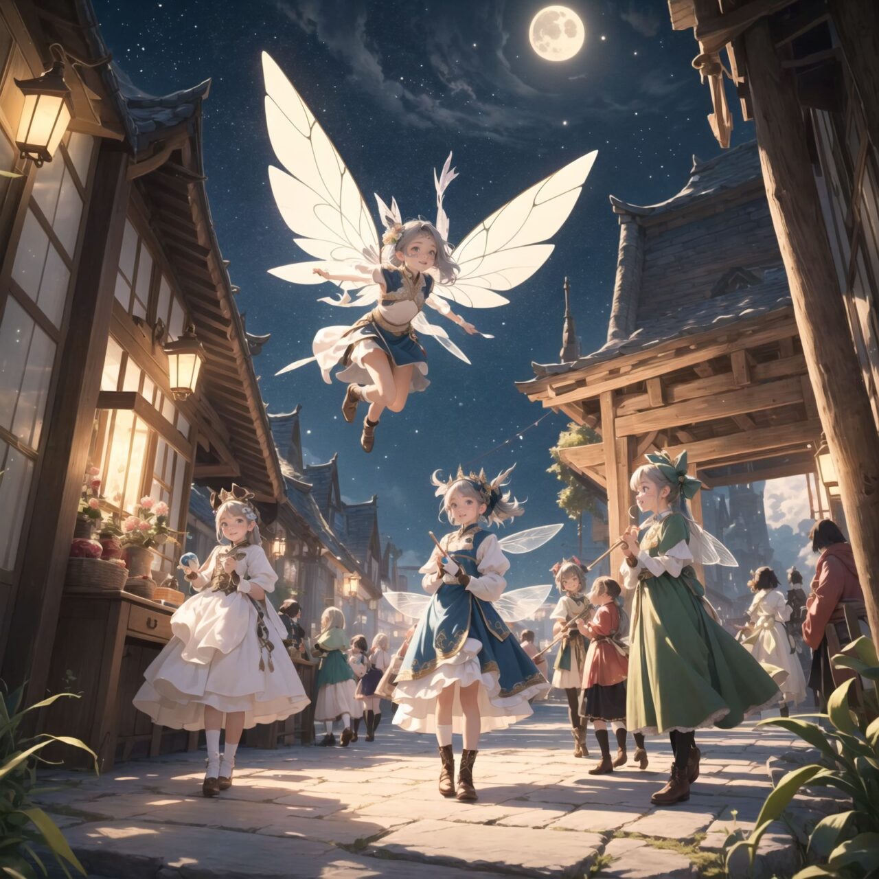 On International Fairy Day, a grand event is taking place in the magical world of fairies, 

This is a panoramic view of the event.

The scene is set under a clear, starry night with a full moon casting a mystical glow. The air is crystal clear, enhancing the magical atmosphere.

In the center, four naive 18-year-old elf girls with blue-grey hair stylishly cut short, delicate hair flow, and deep dark blue-green eyes sparkling with purity, They are dressed in elegant Lolita fashion with black and white lace, intricate patterns, ribbons, and frills, over-the-knee socks, frilly headbands, petticoats for extra volume, lace gloves, aprons with frills, and frilled short boots. They have innocent, youthful expressions with gentle smiles, displaying shy idol smiles. 


Surrounding them, various fairies and mystical creatures from different clans have gathered, creating a vibrant and diverse scene. 

- **Pixies**: Tiny and mischievous fairies, common in British and Irish folklore, flit about with colorful, shimmering wings, spreading fairy dust and adding to the enchantment of the event.
- **Gnomes**: Small creatures deeply connected with minerals and plants, often found in gardens, are mingling among the guests, their presence adding a touch of earthy magic.
- **Sylphs**: Graceful and beautiful air spirits from Renaissance Europe float elegantly above the gathering, their ethereal forms illuminated by the moonlight.
- **Dwarves**: Skilled in metal and gem crafting, these small beings from Norse mythology are present, showcasing their intricate works and adding a sense of craftsmanship to the event.
- **Trolls**: Large and powerful creatures from Norse mythology, often depicted as fearsome, but here in a more comical and friendly manner, interacting with the guests and providing an element of strength and protection.
- **Succubi and Incubi**: These demonic beings from medieval European folklore, known for their seductive nature, are subtly blending in, their presence adding a mysterious allure to the night.
- **Mermaids**: Half-human, half-fish beings known for their enchanting voices, are present near a magical water feature, singing beautifully and mesmerizing the attendees.
- **Dragons**: Mighty and fire-breathing creatures from Asian and European mythology, are seen in the background, their majestic forms adding grandeur and a sense of awe to the celebration.

The entire event is filled with laughter, music, and the glow of magical lights. The fairies are celebrating their unity, sharing their tales, and enjoying the enchanting night. The natural lighting casts soft shadows, highlighting the intricate details of their elegant attire and the delicate textures of their hair and clothes.