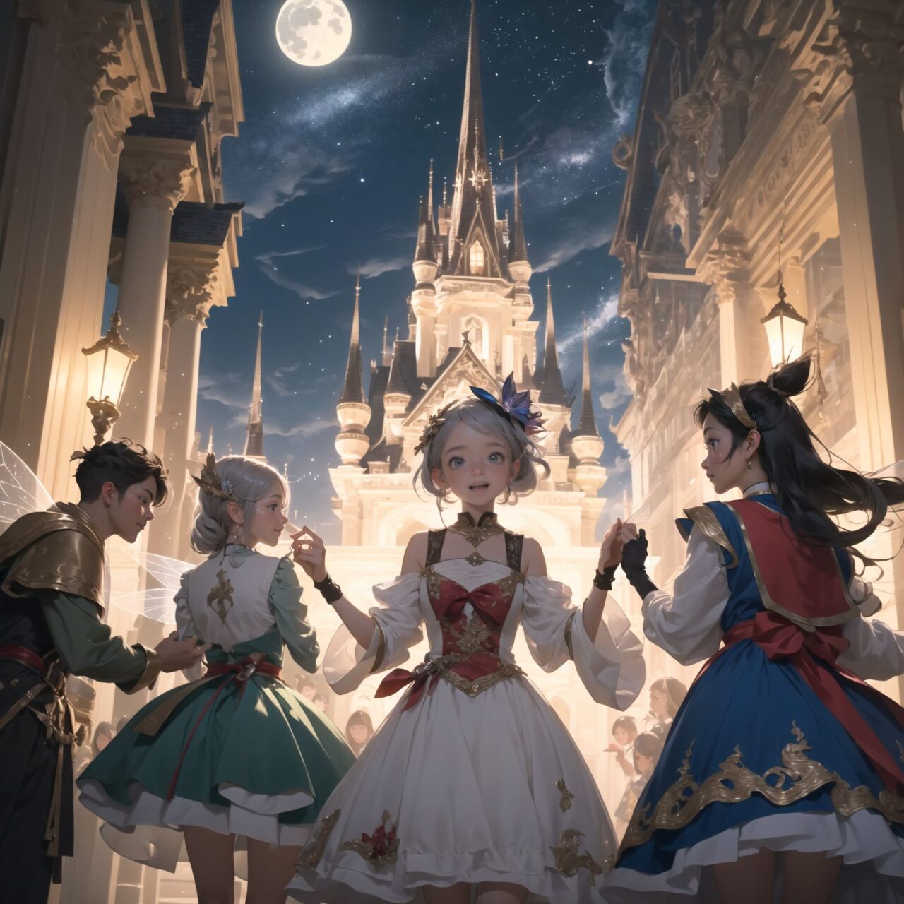 On International Fairy Day, a grand event is taking place in the magical world of fairies, 

This is a panoramic view of the event.

The scene is set under a clear, starry night with a full moon casting a mystical glow. The air is crystal clear, enhancing the magical atmosphere.

In the center, four naive 18-year-old elf girls with blue-grey hair stylishly cut short, delicate hair flow, and deep dark blue-green eyes sparkling with purity, They are dressed in elegant Lolita fashion with black and white lace, intricate patterns, ribbons, and frills, over-the-knee socks, frilly headbands, petticoats for extra volume, lace gloves, aprons with frills, and frilled short boots. They have innocent, youthful expressions with gentle smiles, displaying shy idol smiles. 


Surrounding them, various fairies and mystical creatures from different clans have gathered, creating a vibrant and diverse scene. 

- **Pixies**: Tiny and mischievous fairies, common in British and Irish folklore, flit about with colorful, shimmering wings, spreading fairy dust and adding to the enchantment of the event.
- **Gnomes**: Small creatures deeply connected with minerals and plants, often found in gardens, are mingling among the guests, their presence adding a touch of earthy magic.
- **Sylphs**: Graceful and beautiful air spirits from Renaissance Europe float elegantly above the gathering, their ethereal forms illuminated by the moonlight.
- **Dwarves**: Skilled in metal and gem crafting, these small beings from Norse mythology are present, showcasing their intricate works and adding a sense of craftsmanship to the event.
- **Trolls**: Large and powerful creatures from Norse mythology, often depicted as fearsome, but here in a more comical and friendly manner, interacting with the guests and providing an element of strength and protection.
- **Succubi and Incubi**: These demonic beings from medieval European folklore, known for their seductive nature, are subtly blending in, their presence adding a mysterious allure to the night.
- **Mermaids**: Half-human, half-fish beings known for their enchanting voices, are present near a magical water feature, singing beautifully and mesmerizing the attendees.
- **Dragons**: Mighty and fire-breathing creatures from Asian and European mythology, are seen in the background, their majestic forms adding grandeur and a sense of awe to the celebration.

The entire event is filled with laughter, music, and the glow of magical lights. The fairies are celebrating their unity, sharing their tales, and enjoying the enchanting night. The natural lighting casts soft shadows, highlighting the intricate details of their elegant attire and the delicate textures of their hair and clothes.