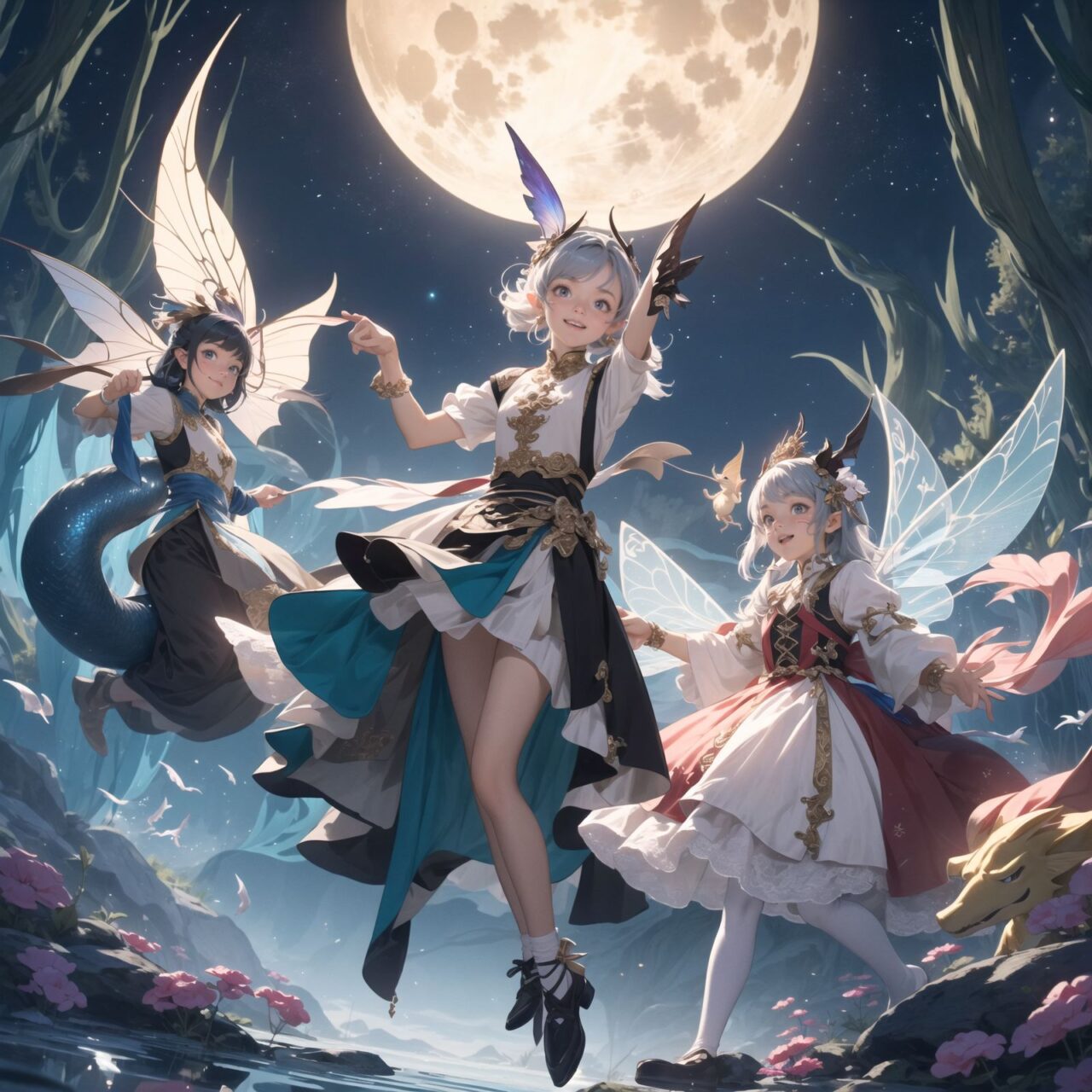 On International Fairy Day, a grand event is taking place in the magical world of fairies, 

This is a panoramic view of the event.

The scene is set under a clear, starry night with a full moon casting a mystical glow. The air is crystal clear, enhancing the magical atmosphere.

In the center, four naive 18-year-old elf girls with blue-grey hair stylishly cut short, delicate hair flow, and deep dark blue-green eyes sparkling with purity, They are dressed in elegant Lolita fashion with black and white lace, intricate patterns, ribbons, and frills, over-the-knee socks, frilly headbands, petticoats for extra volume, lace gloves, aprons with frills, and frilled short boots. They have innocent, youthful expressions with gentle smiles, displaying shy idol smiles. 


Surrounding them, various fairies and mystical creatures from different clans have gathered, creating a vibrant and diverse scene. 

- **Pixies**: Tiny and mischievous fairies, common in British and Irish folklore, flit about with colorful, shimmering wings, spreading fairy dust and adding to the enchantment of the event.
- **Gnomes**: Small creatures deeply connected with minerals and plants, often found in gardens, are mingling among the guests, their presence adding a touch of earthy magic.
- **Sylphs**: Graceful and beautiful air spirits from Renaissance Europe float elegantly above the gathering, their ethereal forms illuminated by the moonlight.
- **Dwarves**: Skilled in metal and gem crafting, these small beings from Norse mythology are present, showcasing their intricate works and adding a sense of craftsmanship to the event.
- **Trolls**: Large and powerful creatures from Norse mythology, often depicted as fearsome, but here in a more comical and friendly manner, interacting with the guests and providing an element of strength and protection.
- **Succubi and Incubi**: These demonic beings from medieval European folklore, known for their seductive nature, are subtly blending in, their presence adding a mysterious allure to the night.
- **Mermaids**: Half-human, half-fish beings known for their enchanting voices, are present near a magical water feature, singing beautifully and mesmerizing the attendees.
- **Dragons**: Mighty and fire-breathing creatures from Asian and European mythology, are seen in the background, their majestic forms adding grandeur and a sense of awe to the celebration.

The entire event is filled with laughter, music, and the glow of magical lights. The fairies are celebrating their unity, sharing their tales, and enjoying the enchanting night. The natural lighting casts soft shadows, highlighting the intricate details of their elegant attire and the delicate textures of their hair and clothes.