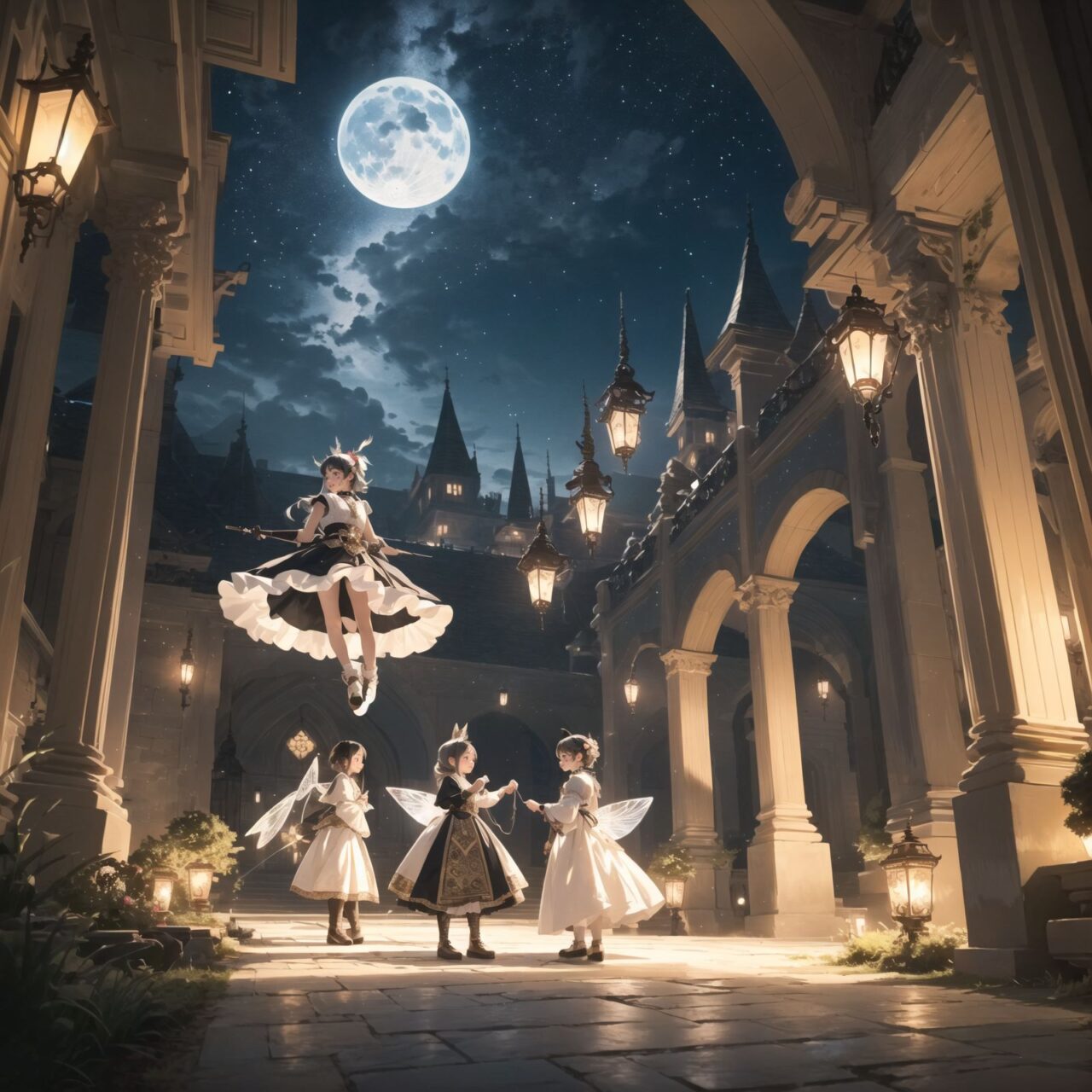 On International Fairy Day, a grand event is taking place in the magical world of fairies, 

This is a panoramic view of the event.

The scene is set under a clear, starry night with a full moon casting a mystical glow. The air is crystal clear, enhancing the magical atmosphere.

In the center, four naive 18-year-old elf girls with blue-grey hair stylishly cut short, delicate hair flow, and deep dark blue-green eyes sparkling with purity, They are dressed in elegant Lolita fashion with black and white lace, intricate patterns, ribbons, and frills, over-the-knee socks, frilly headbands, petticoats for extra volume, lace gloves, aprons with frills, and frilled short boots. They have innocent, youthful expressions with gentle smiles, displaying shy idol smiles. 


Surrounding them, various fairies and mystical creatures from different clans have gathered, creating a vibrant and diverse scene. 

- **Pixies**: Tiny and mischievous fairies, common in British and Irish folklore, flit about with colorful, shimmering wings, spreading fairy dust and adding to the enchantment of the event.
- **Gnomes**: Small creatures deeply connected with minerals and plants, often found in gardens, are mingling among the guests, their presence adding a touch of earthy magic.
- **Sylphs**: Graceful and beautiful air spirits from Renaissance Europe float elegantly above the gathering, their ethereal forms illuminated by the moonlight.
- **Dwarves**: Skilled in metal and gem crafting, these small beings from Norse mythology are present, showcasing their intricate works and adding a sense of craftsmanship to the event.
- **Trolls**: Large and powerful creatures from Norse mythology, often depicted as fearsome, but here in a more comical and friendly manner, interacting with the guests and providing an element of strength and protection.
- **Succubi and Incubi**: These demonic beings from medieval European folklore, known for their seductive nature, are subtly blending in, their presence adding a mysterious allure to the night.
- **Mermaids**: Half-human, half-fish beings known for their enchanting voices, are present near a magical water feature, singing beautifully and mesmerizing the attendees.
- **Dragons**: Mighty and fire-breathing creatures from Asian and European mythology, are seen in the background, their majestic forms adding grandeur and a sense of awe to the celebration.

The entire event is filled with laughter, music, and the glow of magical lights. The fairies are celebrating their unity, sharing their tales, and enjoying the enchanting night. The natural lighting casts soft shadows, highlighting the intricate details of their elegant attire and the delicate textures of their hair and clothes.