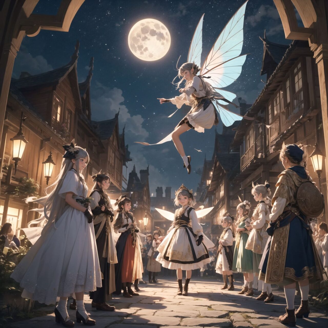 On International Fairy Day, a grand event is taking place in the magical world of fairies, 

This is a panoramic view of the event.

The scene is set under a clear, starry night with a full moon casting a mystical glow. The air is crystal clear, enhancing the magical atmosphere.

In the center, four naive 18-year-old elf girls with blue-grey hair stylishly cut short, delicate hair flow, and deep dark blue-green eyes sparkling with purity, They are dressed in elegant Lolita fashion with black and white lace, intricate patterns, ribbons, and frills, over-the-knee socks, frilly headbands, petticoats for extra volume, lace gloves, aprons with frills, and frilled short boots. They have innocent, youthful expressions with gentle smiles, displaying shy idol smiles. 


Surrounding them, various fairies and mystical creatures from different clans have gathered, creating a vibrant and diverse scene. 

- **Pixies**: Tiny and mischievous fairies, common in British and Irish folklore, flit about with colorful, shimmering wings, spreading fairy dust and adding to the enchantment of the event.
- **Gnomes**: Small creatures deeply connected with minerals and plants, often found in gardens, are mingling among the guests, their presence adding a touch of earthy magic.
- **Sylphs**: Graceful and beautiful air spirits from Renaissance Europe float elegantly above the gathering, their ethereal forms illuminated by the moonlight.
- **Dwarves**: Skilled in metal and gem crafting, these small beings from Norse mythology are present, showcasing their intricate works and adding a sense of craftsmanship to the event.
- **Trolls**: Large and powerful creatures from Norse mythology, often depicted as fearsome, but here in a more comical and friendly manner, interacting with the guests and providing an element of strength and protection.
- **Succubi and Incubi**: These demonic beings from medieval European folklore, known for their seductive nature, are subtly blending in, their presence adding a mysterious allure to the night.
- **Mermaids**: Half-human, half-fish beings known for their enchanting voices, are present near a magical water feature, singing beautifully and mesmerizing the attendees.
- **Dragons**: Mighty and fire-breathing creatures from Asian and European mythology, are seen in the background, their majestic forms adding grandeur and a sense of awe to the celebration.

The entire event is filled with laughter, music, and the glow of magical lights. The fairies are celebrating their unity, sharing their tales, and enjoying the enchanting night. The natural lighting casts soft shadows, highlighting the intricate details of their elegant attire and the delicate textures of their hair and clothes.