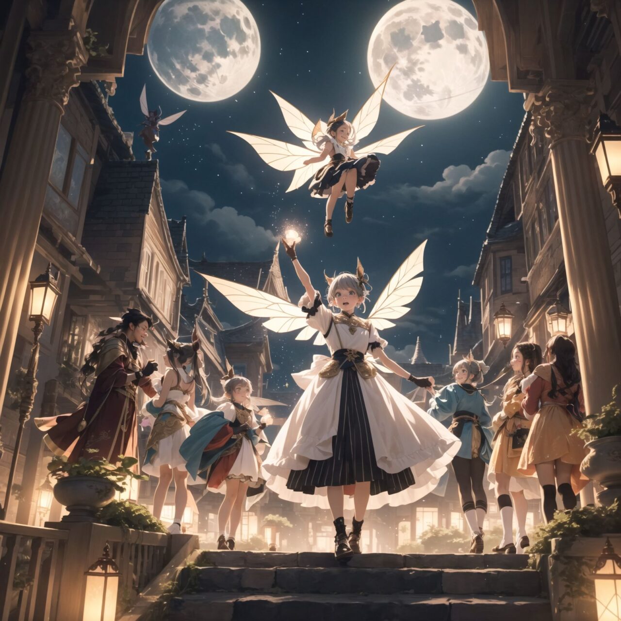 On International Fairy Day, a grand event is taking place in the magical world of fairies, 

This is a panoramic view of the event.

The scene is set under a clear, starry night with a full moon casting a mystical glow. The air is crystal clear, enhancing the magical atmosphere.

In the center, four naive 18-year-old elf girls with blue-grey hair stylishly cut short, delicate hair flow, and deep dark blue-green eyes sparkling with purity, They are dressed in elegant Lolita fashion with black and white lace, intricate patterns, ribbons, and frills, over-the-knee socks, frilly headbands, petticoats for extra volume, lace gloves, aprons with frills, and frilled short boots. They have innocent, youthful expressions with gentle smiles, displaying shy idol smiles. 


Surrounding them, various fairies and mystical creatures from different clans have gathered, creating a vibrant and diverse scene. 
- **Trolls**: Large and powerful creatures from Norse mythology, often depicted as fearsome, but here in a more comical and friendly manner, interacting with the guests and providing an element of strength and protection.
- **Succubi and Incubi**: These demonic beings from medieval European folklore, known for their seductive nature, are subtly blending in, their presence adding a mysterious allure to the night.
- **Mermaids**: Half-human, half-fish beings known for their enchanting voices, are present near a magical water feature, singing beautifully and mesmerizing the attendees.
- **Dragons**: Mighty and fire-breathing creatures from Asian and European mythology, are seen in the background, their majestic forms adding grandeur and a sense of awe to the celebration.
- **Pixies**: Tiny and mischievous fairies, common in British and Irish folklore, flit about with colorful, shimmering wings, spreading fairy dust and adding to the enchantment of the event.
- **Gnomes**: Small creatures deeply connected with minerals and plants, often found in gardens, are mingling among the guests, their presence adding a touch of earthy magic.
- **Sylphs**: Graceful and beautiful air spirits from Renaissance Europe float elegantly above the gathering, their ethereal forms illuminated by the moonlight.
- **Dwarves**: Skilled in metal and gem crafting, these small beings from Norse mythology are present, showcasing their intricate works and adding a sense of craftsmanship to the event.


The entire event is filled with laughter, music, and the glow of magical lights. The fairies are celebrating their unity, sharing their tales, and enjoying the enchanting night. The natural lighting casts soft shadows, highlighting the intricate details of their elegant attire and the delicate textures of their hair and clothes.