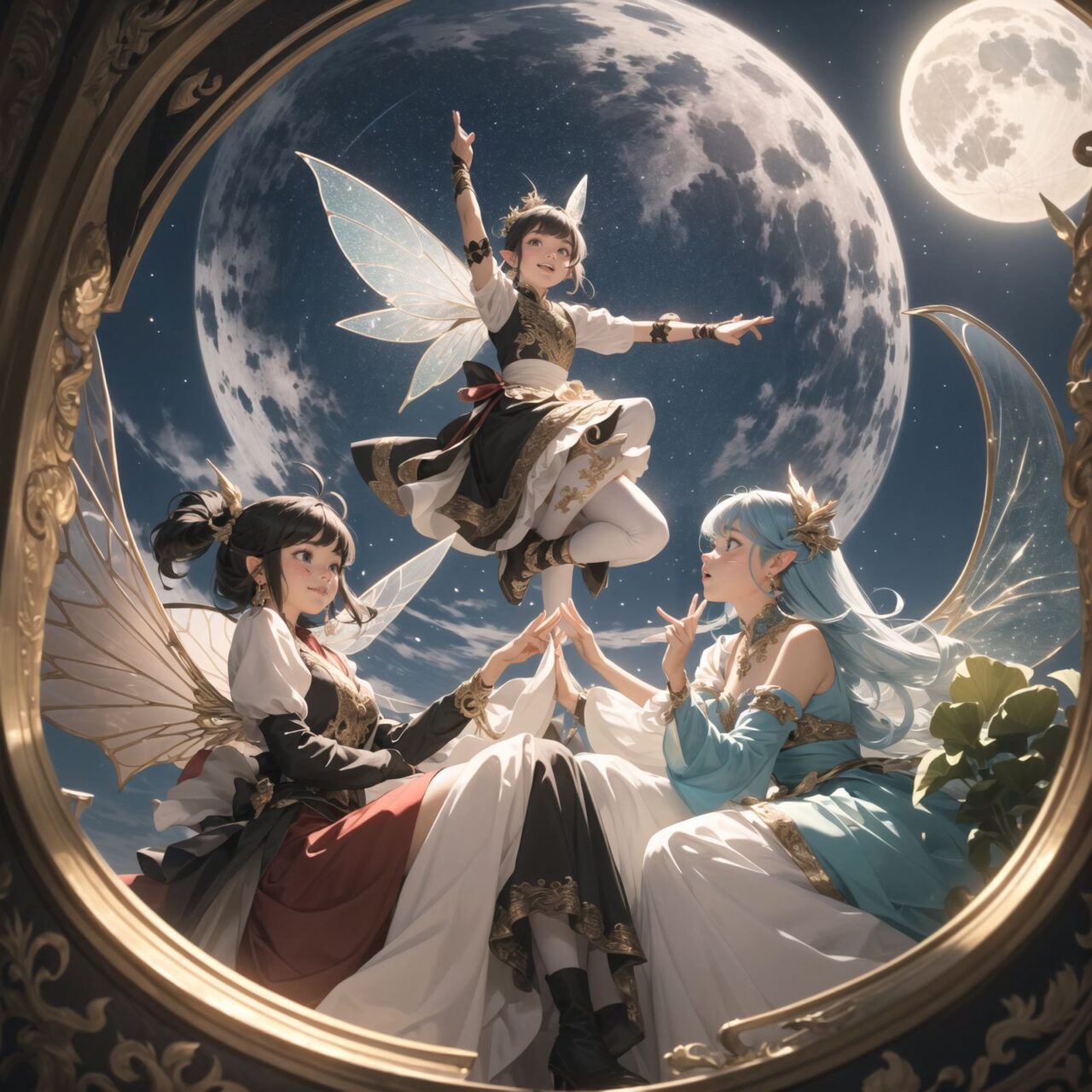 On International Fairy Day, a grand event is taking place in the magical world of fairies, 

This is a panoramic view of the event.

The scene is set under a clear, starry night with a full moon casting a mystical glow. The air is crystal clear, enhancing the magical atmosphere.

In the center, four naive 18-year-old elf girls with blue-grey hair stylishly cut short, delicate hair flow, and deep dark blue-green eyes sparkling with purity, They are dressed in elegant Lolita fashion with black and white lace, intricate patterns, ribbons, and frills, over-the-knee socks, frilly headbands, petticoats for extra volume, lace gloves, aprons with frills, and frilled short boots. They have innocent, youthful expressions with gentle smiles, displaying shy idol smiles. 


Surrounding them, various fairies and mystical creatures from different clans have gathered, creating a vibrant and diverse scene. 
- **Trolls**: Large and powerful creatures from Norse mythology, often depicted as fearsome, but here in a more comical and friendly manner, interacting with the guests and providing an element of strength and protection.
- **Succubi and Incubi**: These demonic beings from medieval European folklore, known for their seductive nature, are subtly blending in, their presence adding a mysterious allure to the night.
- **Mermaids**: Half-human, half-fish beings known for their enchanting voices, are present near a magical water feature, singing beautifully and mesmerizing the attendees.
- **Dragons**: Mighty and fire-breathing creatures from Asian and European mythology, are seen in the background, their majestic forms adding grandeur and a sense of awe to the celebration.
- **Pixies**: Tiny and mischievous fairies, common in British and Irish folklore, flit about with colorful, shimmering wings, spreading fairy dust and adding to the enchantment of the event.
- **Gnomes**: Small creatures deeply connected with minerals and plants, often found in gardens, are mingling among the guests, their presence adding a touch of earthy magic.
- **Sylphs**: Graceful and beautiful air spirits from Renaissance Europe float elegantly above the gathering, their ethereal forms illuminated by the moonlight.
- **Dwarves**: Skilled in metal and gem crafting, these small beings from Norse mythology are present, showcasing their intricate works and adding a sense of craftsmanship to the event.


The entire event is filled with laughter, music, and the glow of magical lights. The fairies are celebrating their unity, sharing their tales, and enjoying the enchanting night. The natural lighting casts soft shadows, highlighting the intricate details of their elegant attire and the delicate textures of their hair and clothes.