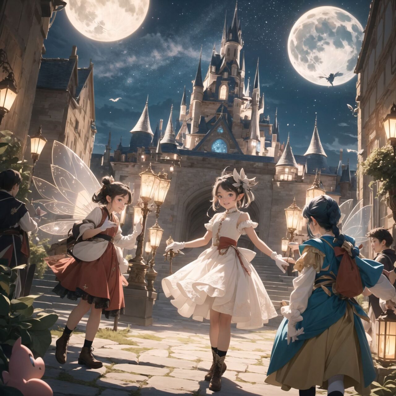 On International Fairy Day, a grand event is taking place in the magical world of fairies, 

This is a panoramic view of the event.

The scene is set under a clear, starry night with a full moon casting a mystical glow. The air is crystal clear, enhancing the magical atmosphere.

In the center, four naive 18-year-old elf girls with blue-grey hair stylishly cut short, delicate hair flow, and deep dark blue-green eyes sparkling with purity, They are dressed in elegant Lolita fashion with black and white lace, intricate patterns, ribbons, and frills, over-the-knee socks, frilly headbands, petticoats for extra volume, lace gloves, aprons with frills, and frilled short boots. They have innocent, youthful expressions with gentle smiles, displaying shy idol smiles. 


Surrounding them, various fairies and mystical creatures from different clans have gathered, creating a vibrant and diverse scene. 
- **Trolls**: Large and powerful creatures from Norse mythology, often depicted as fearsome, but here in a more comical and friendly manner, interacting with the guests and providing an element of strength and protection.
- **Succubi and Incubi**: These demonic beings from medieval European folklore, known for their seductive nature, are subtly blending in, their presence adding a mysterious allure to the night.
- **Mermaids**: Half-human, half-fish beings known for their enchanting voices, are present near a magical water feature, singing beautifully and mesmerizing the attendees.
- **Dragons**: Mighty and fire-breathing creatures from Asian and European mythology, are seen in the background, their majestic forms adding grandeur and a sense of awe to the celebration.
- **Pixies**: Tiny and mischievous fairies, common in British and Irish folklore, flit about with colorful, shimmering wings, spreading fairy dust and adding to the enchantment of the event.
- **Gnomes**: Small creatures deeply connected with minerals and plants, often found in gardens, are mingling among the guests, their presence adding a touch of earthy magic.
- **Sylphs**: Graceful and beautiful air spirits from Renaissance Europe float elegantly above the gathering, their ethereal forms illuminated by the moonlight.
- **Dwarves**: Skilled in metal and gem crafting, these small beings from Norse mythology are present, showcasing their intricate works and adding a sense of craftsmanship to the event.


The entire event is filled with laughter, music, and the glow of magical lights. The fairies are celebrating their unity, sharing their tales, and enjoying the enchanting night. The natural lighting casts soft shadows, highlighting the intricate details of their elegant attire and the delicate textures of their hair and clothes.