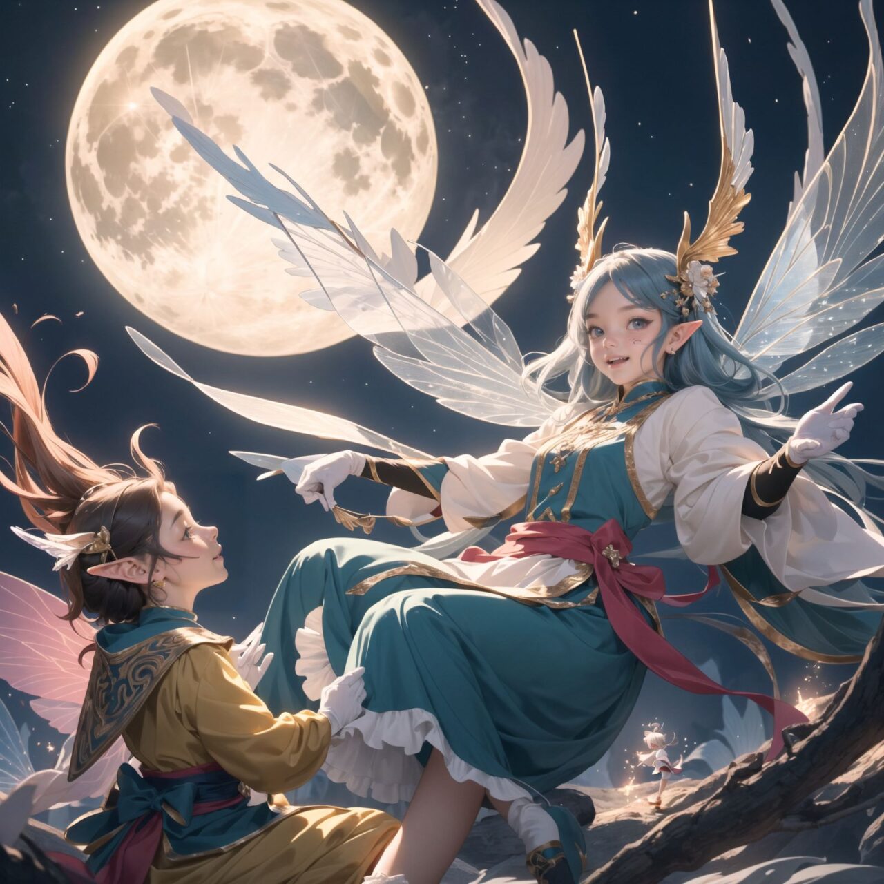 On International Fairy Day, a grand event is taking place in the magical world of fairies, 

This is a panoramic view of the event.

The scene is set under a clear, starry night with a full moon casting a mystical glow. The air is crystal clear, enhancing the magical atmosphere.

In the center, four naive 18-year-old elf girls with blue-grey hair stylishly cut short, delicate hair flow, and deep dark blue-green eyes sparkling with purity, They are dressed in elegant Lolita fashion with black and white lace, intricate patterns, ribbons, and frills, over-the-knee socks, frilly headbands, petticoats for extra volume, lace gloves, aprons with frills, and frilled short boots. They have innocent, youthful expressions with gentle smiles, displaying shy idol smiles. 


Surrounding them, various fairies and mystical creatures from different clans have gathered, creating a vibrant and diverse scene. 
- **Trolls**: Large and powerful creatures from Norse mythology, often depicted as fearsome, but here in a more comical and friendly manner, interacting with the guests and providing an element of strength and protection.
- **Succubi and Incubi**: These demonic beings from medieval European folklore, known for their seductive nature, are subtly blending in, their presence adding a mysterious allure to the night.
- **Mermaids**: Half-human, half-fish beings known for their enchanting voices, are present near a magical water feature, singing beautifully and mesmerizing the attendees.
- **Dragons**: Mighty and fire-breathing creatures from Asian and European mythology, are seen in the background, their majestic forms adding grandeur and a sense of awe to the celebration.
- **Pixies**: Tiny and mischievous fairies, common in British and Irish folklore, flit about with colorful, shimmering wings, spreading fairy dust and adding to the enchantment of the event.
- **Gnomes**: Small creatures deeply connected with minerals and plants, often found in gardens, are mingling among the guests, their presence adding a touch of earthy magic.
- **Sylphs**: Graceful and beautiful air spirits from Renaissance Europe float elegantly above the gathering, their ethereal forms illuminated by the moonlight.
- **Dwarves**: Skilled in metal and gem crafting, these small beings from Norse mythology are present, showcasing their intricate works and adding a sense of craftsmanship to the event.


The entire event is filled with laughter, music, and the glow of magical lights. The fairies are celebrating their unity, sharing their tales, and enjoying the enchanting night. The natural lighting casts soft shadows, highlighting the intricate details of their elegant attire and the delicate textures of their hair and clothes.