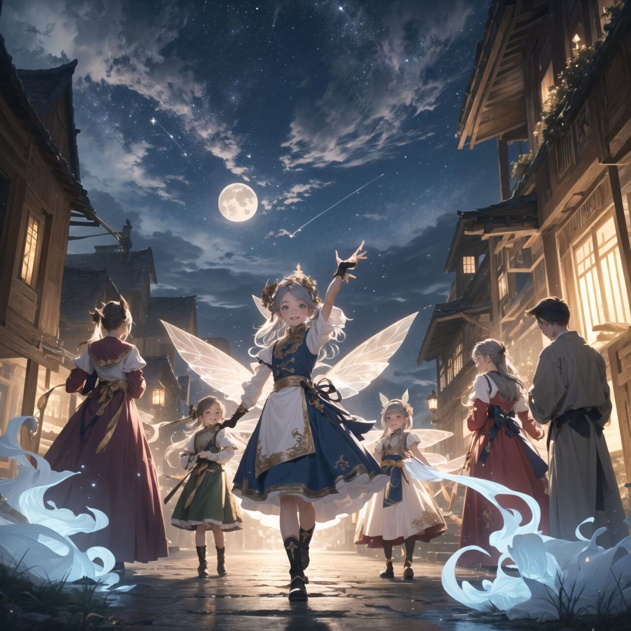 On International Fairy Day, a grand event is taking place in the magical world of fairies, 

This is a panoramic view of the event.

The scene is set under a clear, starry night with a full moon casting a mystical glow. The air is crystal clear, enhancing the magical atmosphere.

In the center, four naive 18-year-old elf girls with blue-grey hair stylishly cut short, delicate hair flow, and deep dark blue-green eyes sparkling with purity, They are dressed in elegant Lolita fashion with black and white lace, intricate patterns, ribbons, and frills, over-the-knee socks, frilly headbands, petticoats for extra volume, lace gloves, aprons with frills, and frilled short boots. They have innocent, youthful expressions with gentle smiles, displaying shy idol smiles. 


Surrounding them, various fairies and mystical creatures from different clans have gathered, creating a vibrant and diverse scene. 
- **Trolls**: Large and powerful creatures from Norse mythology, often depicted as fearsome, but here in a more comical and friendly manner, interacting with the guests and providing an element of strength and protection.
- **Succubi and Incubi**: These demonic beings from medieval European folklore, known for their seductive nature, are subtly blending in, their presence adding a mysterious allure to the night.
- **Mermaids**: Half-human, half-fish beings known for their enchanting voices, are present near a magical water feature, singing beautifully and mesmerizing the attendees.
- **Dragons**: Mighty and fire-breathing creatures from Asian and European mythology, are seen in the background, their majestic forms adding grandeur and a sense of awe to the celebration.
- **Pixies**: Tiny and mischievous fairies, common in British and Irish folklore, flit about with colorful, shimmering wings, spreading fairy dust and adding to the enchantment of the event.
- **Gnomes**: Small creatures deeply connected with minerals and plants, often found in gardens, are mingling among the guests, their presence adding a touch of earthy magic.
- **Sylphs**: Graceful and beautiful air spirits from Renaissance Europe float elegantly above the gathering, their ethereal forms illuminated by the moonlight.
- **Dwarves**: Skilled in metal and gem crafting, these small beings from Norse mythology are present, showcasing their intricate works and adding a sense of craftsmanship to the event.


The entire event is filled with laughter, music, and the glow of magical lights. The fairies are celebrating their unity, sharing their tales, and enjoying the enchanting night. The natural lighting casts soft shadows, highlighting the intricate details of their elegant attire and the delicate textures of their hair and clothes.