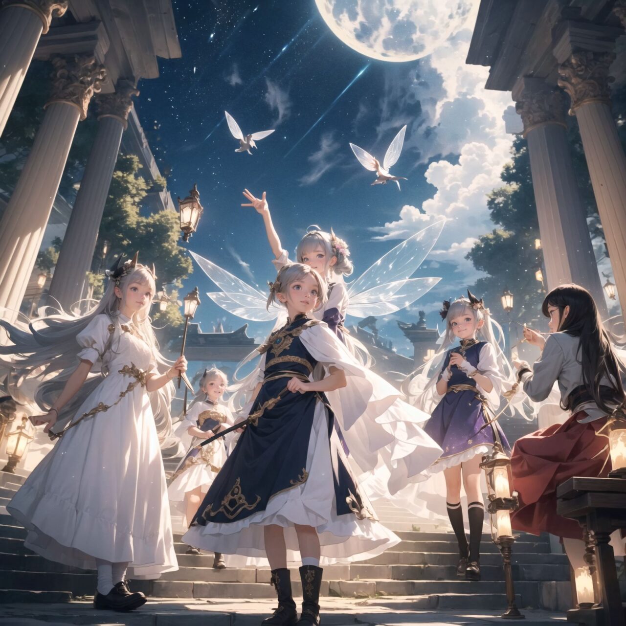 On International Fairy Day, a grand event is taking place in the magical world of fairies, 

This is a panoramic view of the event.

The scene is set under a clear, starry night with a full moon casting a mystical glow. The air is crystal clear, enhancing the magical atmosphere.

In the center, four naive 18-year-old elf girls with blue-grey hair stylishly cut short, delicate hair flow, and deep dark blue-green eyes sparkling with purity, They are dressed in elegant Lolita fashion with black and white lace, intricate patterns, ribbons, and frills, over-the-knee socks, frilly headbands, petticoats for extra volume, lace gloves, aprons with frills, and frilled short boots. They have innocent, youthful expressions with gentle smiles, displaying shy idol smiles. 


Surrounding them, various fairies and mystical creatures from different clans have gathered, creating a vibrant and diverse scene. 
- **Trolls**: Large and powerful creatures from Norse mythology, often depicted as fearsome, but here in a more comical and friendly manner, interacting with the guests and providing an element of strength and protection.
- **Succubi and Incubi**: These demonic beings from medieval European folklore, known for their seductive nature, are subtly blending in, their presence adding a mysterious allure to the night.
- **Mermaids**: Half-human, half-fish beings known for their enchanting voices, are present near a magical water feature, singing beautifully and mesmerizing the attendees.
- **Dragons**: Mighty and fire-breathing creatures from Asian and European mythology, are seen in the background, their majestic forms adding grandeur and a sense of awe to the celebration.
- **Pixies**: Tiny and mischievous fairies, common in British and Irish folklore, flit about with colorful, shimmering wings, spreading fairy dust and adding to the enchantment of the event.
- **Gnomes**: Small creatures deeply connected with minerals and plants, often found in gardens, are mingling among the guests, their presence adding a touch of earthy magic.
- **Sylphs**: Graceful and beautiful air spirits from Renaissance Europe float elegantly above the gathering, their ethereal forms illuminated by the moonlight.
- **Dwarves**: Skilled in metal and gem crafting, these small beings from Norse mythology are present, showcasing their intricate works and adding a sense of craftsmanship to the event.


The entire event is filled with laughter, music, and the glow of magical lights. The fairies are celebrating their unity, sharing their tales, and enjoying the enchanting night. The natural lighting casts soft shadows, highlighting the intricate details of their elegant attire and the delicate textures of their hair and clothes.