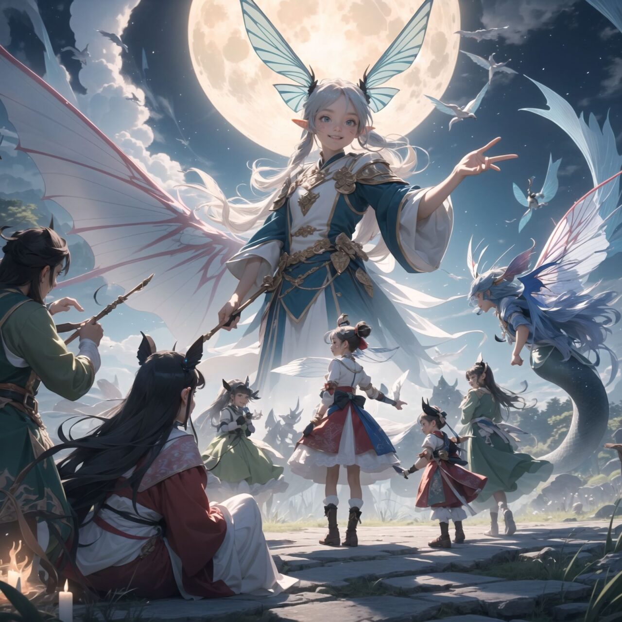 On International Fairy Day, a grand event is taking place in the magical world of fairies, 

This is a panoramic view of the event.

The scene is set under a clear, starry night with a full moon casting a mystical glow. The air is crystal clear, enhancing the magical atmosphere.

In the center, four naive 18-year-old elf girls with blue-grey hair stylishly cut short, delicate hair flow, and deep dark blue-green eyes sparkling with purity, They are dressed in elegant Lolita fashion with black and white lace, intricate patterns, ribbons, and frills, over-the-knee socks, frilly headbands, petticoats for extra volume, lace gloves, aprons with frills, and frilled short boots. They have innocent, youthful expressions with gentle smiles, displaying shy idol smiles. 


Surrounding them, various fairies and mystical creatures from different clans have gathered, creating a vibrant and diverse scene. 
- **Trolls**: Large and powerful creatures from Norse mythology, often depicted as fearsome, but here in a more comical and friendly manner, interacting with the guests and providing an element of strength and protection.
- **Succubi and Incubi**: These demonic beings from medieval European folklore, known for their seductive nature, are subtly blending in, their presence adding a mysterious allure to the night.
- **Mermaids**: Half-human, half-fish beings known for their enchanting voices, are present near a magical water feature, singing beautifully and mesmerizing the attendees.
- **Dragons**: Mighty and fire-breathing creatures from Asian and European mythology, are seen in the background, their majestic forms adding grandeur and a sense of awe to the celebration.
- **Pixies**: Tiny and mischievous fairies, common in British and Irish folklore, flit about with colorful, shimmering wings, spreading fairy dust and adding to the enchantment of the event.
- **Gnomes**: Small creatures deeply connected with minerals and plants, often found in gardens, are mingling among the guests, their presence adding a touch of earthy magic.
- **Sylphs**: Graceful and beautiful air spirits from Renaissance Europe float elegantly above the gathering, their ethereal forms illuminated by the moonlight.
- **Dwarves**: Skilled in metal and gem crafting, these small beings from Norse mythology are present, showcasing their intricate works and adding a sense of craftsmanship to the event.


The entire event is filled with laughter, music, and the glow of magical lights. The fairies are celebrating their unity, sharing their tales, and enjoying the enchanting night. The natural lighting casts soft shadows, highlighting the intricate details of their elegant attire and the delicate textures of their hair and clothes.