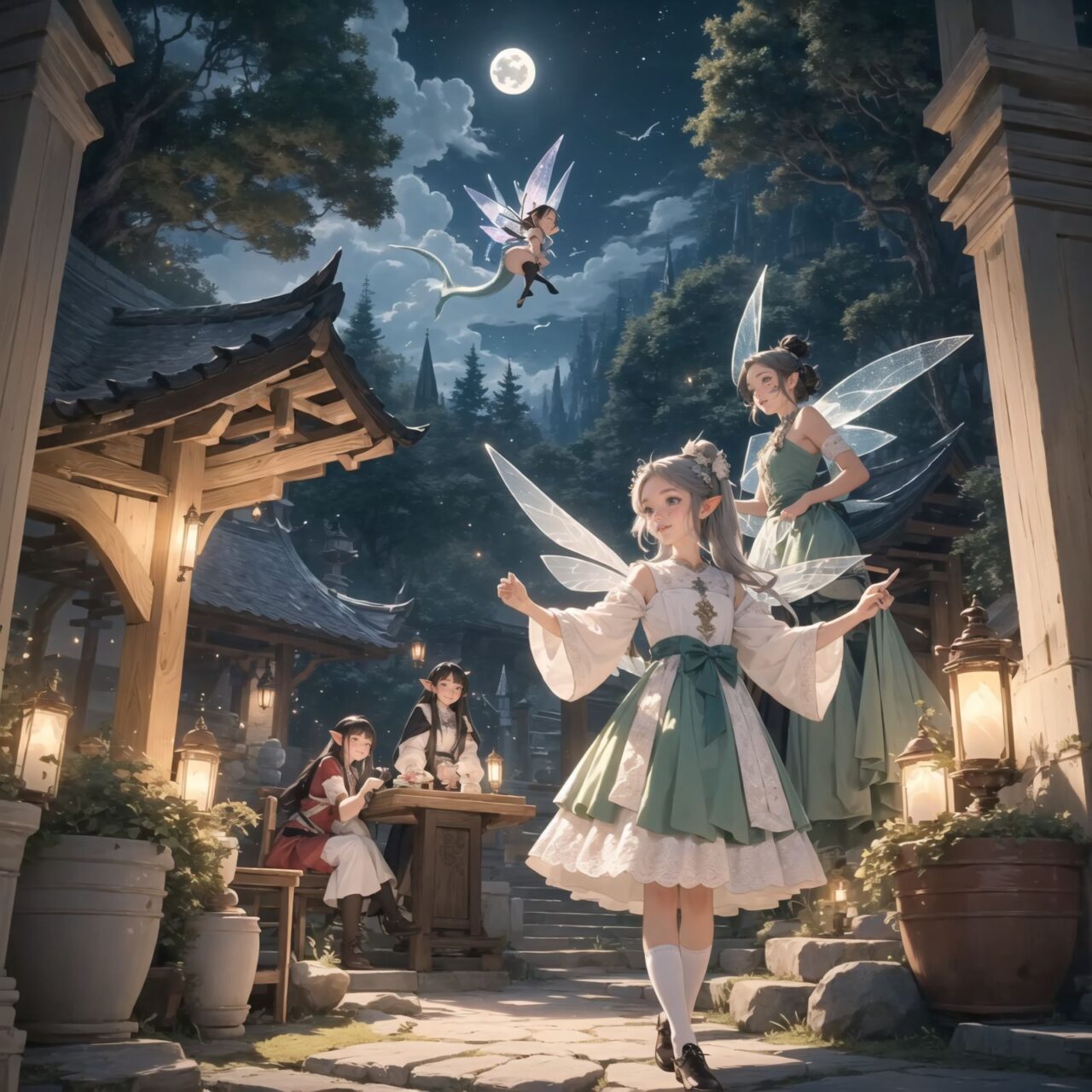 On International Fairy Day, a grand event is taking place in the magical world of fairies, 

This is a panoramic view of the event.

The scene is set under a clear, starry night with a full moon casting a mystical glow. The air is crystal clear, enhancing the magical atmosphere.

In the center, four naive 18-year-old elf girls with blue-grey hair stylishly cut short, delicate hair flow, and deep dark blue-green eyes sparkling with purity, They are dressed in elegant Lolita fashion with black and white lace, intricate patterns, ribbons, and frills, over-the-knee socks, frilly headbands, petticoats for extra volume, lace gloves, aprons with frills, and frilled short boots. They have innocent, youthful expressions with gentle smiles, displaying shy idol smiles. 


Surrounding them, various fairies and mystical creatures from different clans have gathered, creating a vibrant and diverse scene. 
- **Trolls**: Large and powerful creatures from Norse mythology, often depicted as fearsome, but here in a more comical and friendly manner, interacting with the guests and providing an element of strength and protection.
- **Succubi and Incubi**: These demonic beings from medieval European folklore, known for their seductive nature, are subtly blending in, their presence adding a mysterious allure to the night.
- **Mermaids**: Half-human, half-fish beings known for their enchanting voices, are present near a magical water feature, singing beautifully and mesmerizing the attendees.
- **Dragons**: Mighty and fire-breathing creatures from Asian and European mythology, are seen in the background, their majestic forms adding grandeur and a sense of awe to the celebration.
- **Pixies**: Tiny and mischievous fairies, common in British and Irish folklore, flit about with colorful, shimmering wings, spreading fairy dust and adding to the enchantment of the event.
- **Gnomes**: Small creatures deeply connected with minerals and plants, often found in gardens, are mingling among the guests, their presence adding a touch of earthy magic.
- **Sylphs**: Graceful and beautiful air spirits from Renaissance Europe float elegantly above the gathering, their ethereal forms illuminated by the moonlight.
- **Dwarves**: Skilled in metal and gem crafting, these small beings from Norse mythology are present, showcasing their intricate works and adding a sense of craftsmanship to the event.


The entire event is filled with laughter, music, and the glow of magical lights. The fairies are celebrating their unity, sharing their tales, and enjoying the enchanting night. The natural lighting casts soft shadows, highlighting the intricate details of their elegant attire and the delicate textures of their hair and clothes.