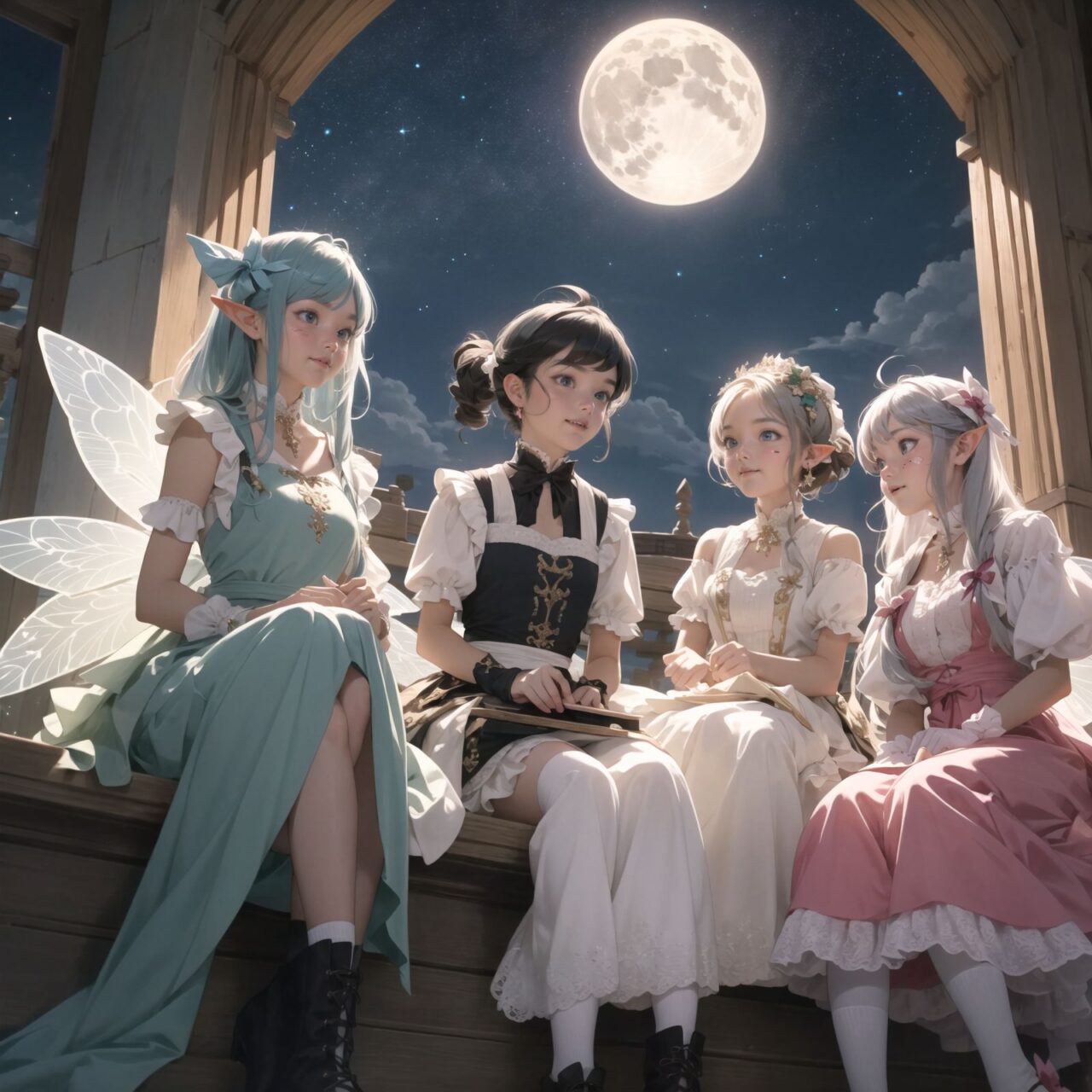 On International Fairy Day, a grand event is taking place in the magical world of fairies, 

This is a panoramic view of the event.

The scene is set under a clear, starry night with a full moon casting a mystical glow. The air is crystal clear, enhancing the magical atmosphere.

In the center, four naive 18-year-old elf girls with blue-grey hair stylishly cut short, delicate hair flow, and deep dark blue-green eyes sparkling with purity, They are dressed in elegant Lolita fashion with black and white lace, intricate patterns, ribbons, and frills, over-the-knee socks, frilly headbands, petticoats for extra volume, lace gloves, aprons with frills, and frilled short boots. They have innocent, youthful expressions with gentle smiles, displaying shy idol smiles. 


Surrounding them, various fairies and mystical creatures from different clans have gathered, creating a vibrant and diverse scene. 
- **Trolls**: Large and powerful creatures from Norse mythology, often depicted as fearsome, but here in a more comical and friendly manner, interacting with the guests and providing an element of strength and protection.


The entire event is filled with laughter, music, and the glow of magical lights. The fairies are celebrating their unity, sharing their tales, and enjoying the enchanting night. The natural lighting casts soft shadows, highlighting the intricate details of their elegant attire and the delicate textures of their hair and clothes.