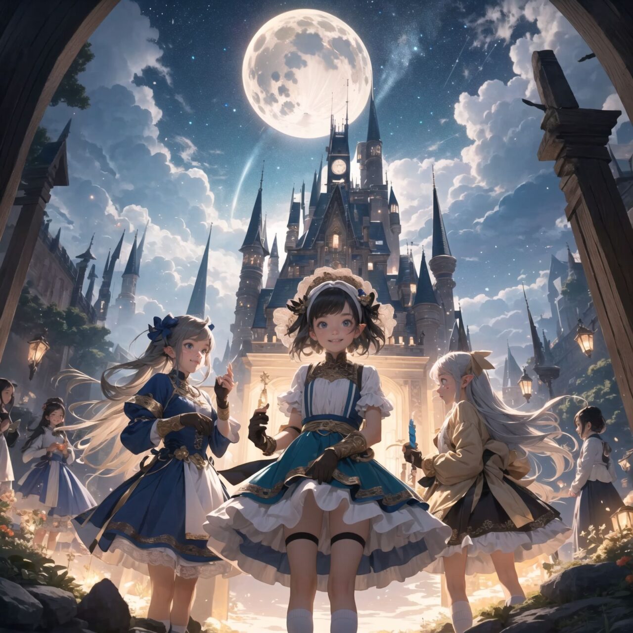 On International Fairy Day, a grand event is taking place in the magical world of fairies, 

This is a panoramic view of the event.

The scene is set under a clear, starry night with a full moon casting a mystical glow. The air is crystal clear, enhancing the magical atmosphere.

In the center, four naive 18-year-old elf girls with blue-grey hair stylishly cut short, delicate hair flow, and deep dark blue-green eyes sparkling with purity, They are dressed in elegant Lolita fashion with black and white lace, intricate patterns, ribbons, and frills, over-the-knee socks, frilly headbands, petticoats for extra volume, lace gloves, aprons with frills, and frilled short boots. They have innocent, youthful expressions with gentle smiles, displaying shy idol smiles. 


Surrounding them, various fairies and mystical creatures from different clans have gathered, creating a vibrant and diverse scene. 
- **Trolls**: Large and powerful creatures from Norse mythology, often depicted as fearsome, but here in a more comical and friendly manner, interacting with the guests and providing an element of strength and protection.


The entire event is filled with laughter, music, and the glow of magical lights. The fairies are celebrating their unity, sharing their tales, and enjoying the enchanting night. The natural lighting casts soft shadows, highlighting the intricate details of their elegant attire and the delicate textures of their hair and clothes.