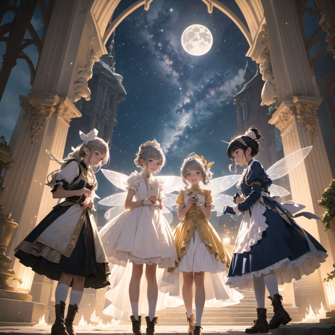 On International Fairy Day, a grand event is taking place in the magical world of fairies, 

This is a panoramic view of the event.

The scene is set under a clear, starry night with a full moon casting a mystical glow. The air is crystal clear, enhancing the magical atmosphere.

In the center, four naive 18-year-old elf girls with blue-grey hair stylishly cut short, delicate hair flow, and deep dark blue-green eyes sparkling with purity, They are dressed in elegant Lolita fashion with black and white lace, intricate patterns, ribbons, and frills, over-the-knee socks, frilly headbands, petticoats for extra volume, lace gloves, aprons with frills, and frilled short boots. They have innocent, youthful expressions with gentle smiles, displaying shy idol smiles. 


Surrounding them, various fairies and mystical creatures from different clans have gathered, creating a vibrant and diverse scene. 
- **Trolls**: Large and powerful creatures from Norse mythology, often depicted as fearsome, but here in a more comical and friendly manner, interacting with the guests and providing an element of strength and protection.


The entire event is filled with laughter, music, and the glow of magical lights. The fairies are celebrating their unity, sharing their tales, and enjoying the enchanting night. The natural lighting casts soft shadows, highlighting the intricate details of their elegant attire and the delicate textures of their hair and clothes.