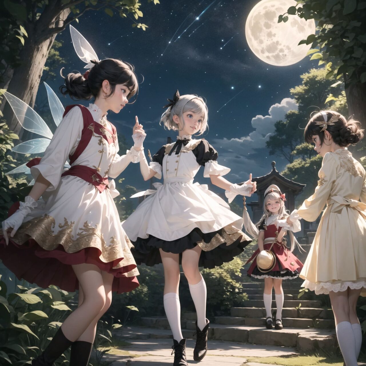 On International Fairy Day, a grand event is taking place in the magical world of fairies, 

This is a panoramic view of the event.

The scene is set under a clear, starry night with a full moon casting a mystical glow. The air is crystal clear, enhancing the magical atmosphere.

In the center, four naive 18-year-old elf girls with blue-grey hair stylishly cut short, delicate hair flow, and deep dark blue-green eyes sparkling with purity, They are dressed in elegant Lolita fashion with black and white lace, intricate patterns, ribbons, and frills, over-the-knee socks, frilly headbands, petticoats for extra volume, lace gloves, aprons with frills, and frilled short boots. They have innocent, youthful expressions with gentle smiles, displaying shy idol smiles. 


Surrounding them, various fairies and mystical creatures from different clans have gathered, creating a vibrant and diverse scene. 
- **Trolls**: Large and powerful creatures from Norse mythology, often depicted as fearsome, but here in a more comical and friendly manner, interacting with the guests and providing an element of strength and protection.


The entire event is filled with laughter, music, and the glow of magical lights. The fairies are celebrating their unity, sharing their tales, and enjoying the enchanting night. The natural lighting casts soft shadows, highlighting the intricate details of their elegant attire and the delicate textures of their hair and clothes.