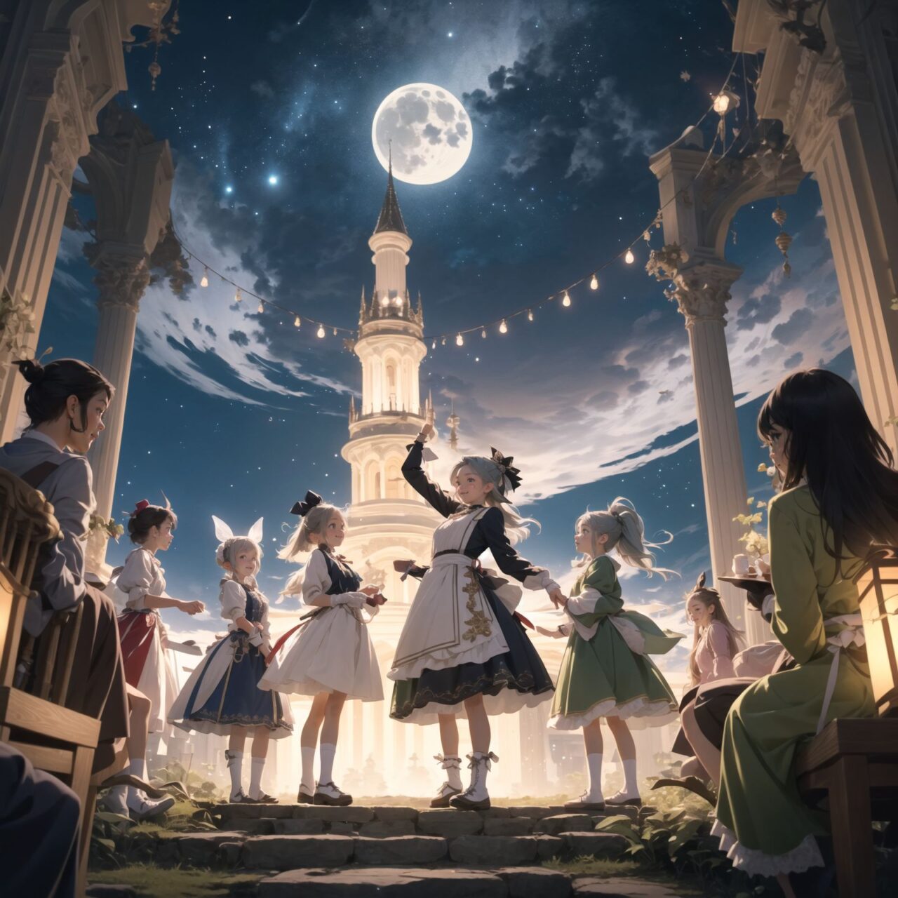 On International Fairy Day, a grand event is taking place in the magical world of fairies, 

This is a panoramic view of the event.

The scene is set under a clear, starry night with a full moon casting a mystical glow. The air is crystal clear, enhancing the magical atmosphere.

In the center, four naive 18-year-old elf girls with blue-grey hair stylishly cut short, delicate hair flow, and deep dark blue-green eyes sparkling with purity, They are dressed in elegant Lolita fashion with black and white lace, intricate patterns, ribbons, and frills, over-the-knee socks, frilly headbands, petticoats for extra volume, lace gloves, aprons with frills, and frilled short boots. They have innocent, youthful expressions with gentle smiles, displaying shy idol smiles. 


Surrounding them, various fairies and mystical creatures from different clans have gathered, creating a vibrant and diverse scene. 
- **Trolls**: Large and powerful creatures from Norse mythology, often depicted as fearsome, but here in a more comical and friendly manner, interacting with the guests and providing an element of strength and protection.


The entire event is filled with laughter, music, and the glow of magical lights. The fairies are celebrating their unity, sharing their tales, and enjoying the enchanting night. The natural lighting casts soft shadows, highlighting the intricate details of their elegant attire and the delicate textures of their hair and clothes.