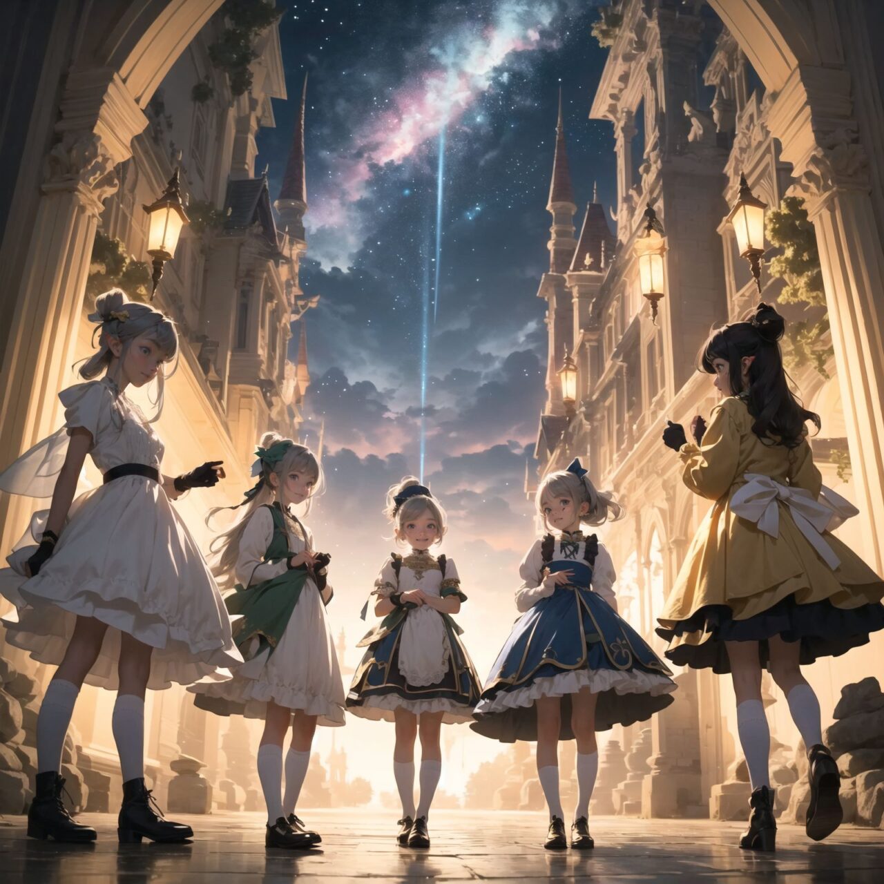 On International Fairy Day, a grand event will be held in the magical world of fairies. The world of fairies will take place under a mystical sky where meteors fall like a light rain. The air is clear and enhances the magical atmosphere.

This is a panoramic view of the event.

In the center, four naive 18-year-old elf girls with blue-grey hair stylishly cut short, delicate hair flow, and deep dark blue-green eyes sparkling with purity, They are dressed in elegant Lolita fashion with black and white lace, intricate patterns, 

ribbons, and frills, over-the-knee socks, frilly headbands, petticoats for extra volume, lace gloves, aprons with frills, and frilled short boots. They have innocent, youthful expressions with gentle smiles, displaying shy idol smiles. 


Surrounding them, various fairies and mystical creatures from different clans have gathered, creating a vibrant and diverse scene. 
- **Dwarves**: Skilled in metal and gem crafting, these small beings from Norse mythology are present, showcasing their intricate works and adding a sense of craftsmanship to the event.

The entire event is filled with laughter, music, and the glow of magical lights. The fairies are celebrating their unity, sharing their tales, and enjoying the enchanting night. The natural lighting casts soft shadows, highlighting the intricate details of their elegant attire and the delicate textures of their hair and clothes.