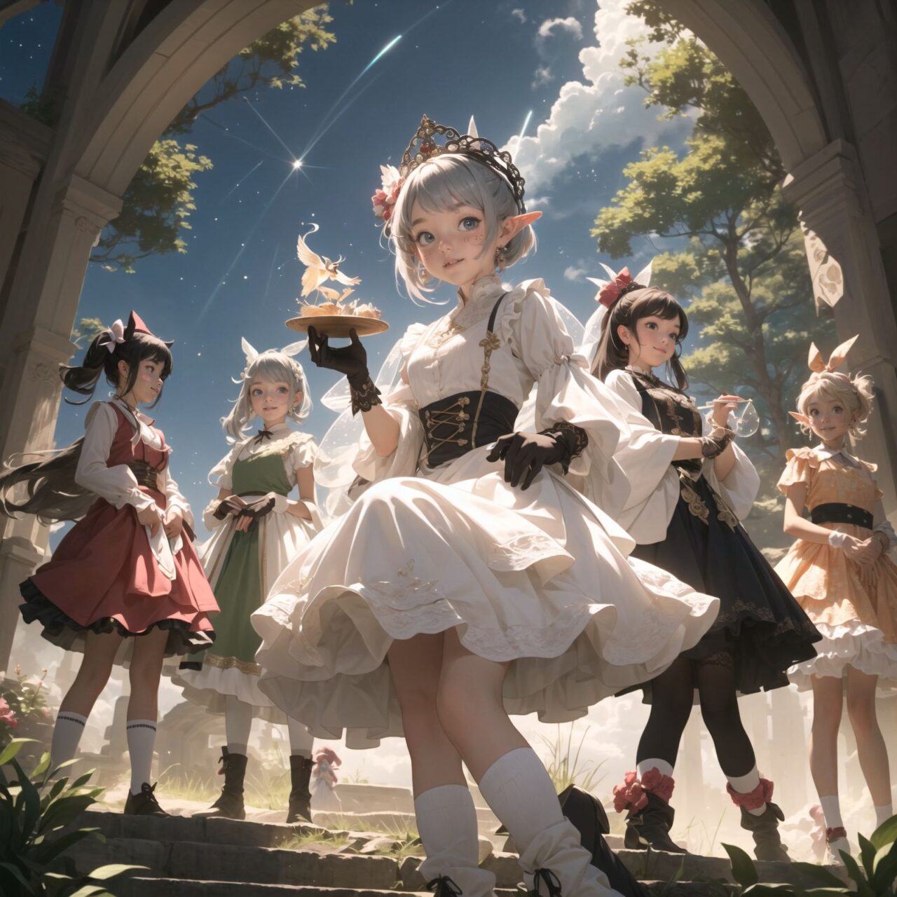 On International Fairy Day, a grand event will be held in the magical world of fairies. The world of fairies will take place under a mystical sky where meteors fall like a light rain. The air is clear and enhances the magical atmosphere.

This is a panoramic view of the event.

In the center, four naive 18-year-old elf girls with blue-grey hair stylishly cut short, delicate hair flow, and deep dark blue-green eyes sparkling with purity, They are dressed in elegant Lolita fashion with black and white lace, intricate patterns, 

ribbons, and frills, over-the-knee socks, frilly headbands, petticoats for extra volume, lace gloves, aprons with frills, and frilled short boots. They have innocent, youthful expressions with gentle smiles, displaying shy idol smiles. 


Surrounding them, various fairies and mystical creatures from different clans have gathered, creating a vibrant and diverse scene. 
- **Dwarves**: Skilled in metal and gem crafting, these small beings from Norse mythology are present, showcasing their intricate works and adding a sense of craftsmanship to the event.

The entire event is filled with laughter, music, and the glow of magical lights. The fairies are celebrating their unity, sharing their tales, and enjoying the enchanting night. The natural lighting casts soft shadows, highlighting the intricate details of their elegant attire and the delicate textures of their hair and clothes.