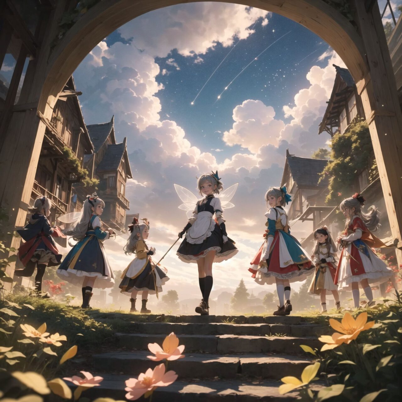 On International Fairy Day, a grand event will be held in the magical world of fairies. The world of fairies will take place under a mystical sky where meteors fall like a light rain. The air is clear and enhances the magical atmosphere.

This is a panoramic view of the event.

In the center, four naive 18-year-old elf girls with blue-grey hair stylishly cut short, delicate hair flow, and deep dark blue-green eyes sparkling with purity, They are dressed in elegant Lolita fashion with black and white lace, intricate patterns, 

ribbons, and frills, over-the-knee socks, frilly headbands, petticoats for extra volume, lace gloves, aprons with frills, and frilled short boots. They have innocent, youthful expressions with gentle smiles, displaying shy idol smiles. 


Surrounding them, various fairies and mystical creatures from different clans have gathered, creating a vibrant and diverse scene. 
- **Dwarves**: Skilled in metal and gem crafting, these small beings from Norse mythology are present, showcasing their intricate works and adding a sense of craftsmanship to the event.

The entire event is filled with laughter, music, and the glow of magical lights. The fairies are celebrating their unity, sharing their tales, and enjoying the enchanting night. The natural lighting casts soft shadows, highlighting the intricate details of their elegant attire and the delicate textures of their hair and clothes.