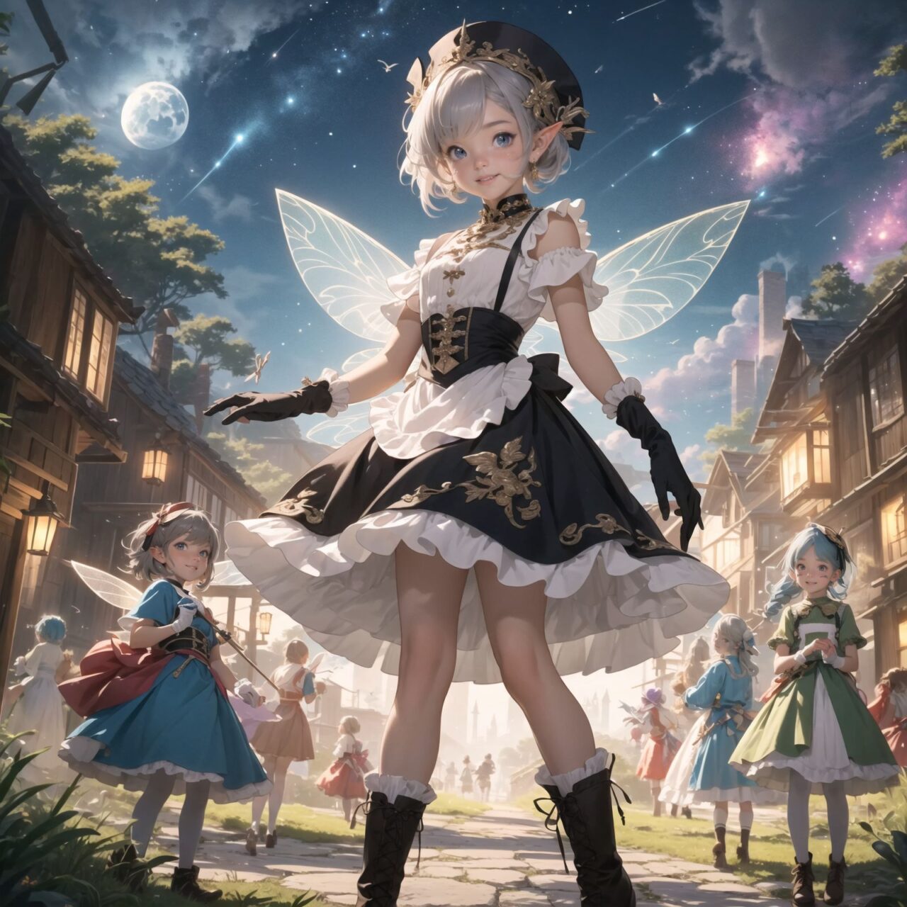 On International Fairy Day, a grand event will be held in the magical world of fairies. The world of fairies will take place under a mystical sky where meteors fall like a light rain. The air is clear and enhances the magical atmosphere.

This is a panoramic view of the event.

In the center, four naive 18-year-old elf girls with blue-grey hair stylishly cut short, delicate hair flow, and deep dark blue-green eyes sparkling with purity, They are dressed in elegant Lolita fashion with black and white lace, intricate patterns, 

ribbons, and frills, over-the-knee socks, frilly headbands, petticoats for extra volume, lace gloves, aprons with frills, and frilled short boots. They have innocent, youthful expressions with gentle smiles, displaying shy idol smiles. 


Surrounding them, various fairies and mystical creatures from different clans have gathered, creating a vibrant and diverse scene. 
- **Dwarves**: Skilled in metal and gem crafting, these small beings from Norse mythology are present, showcasing their intricate works and adding a sense of craftsmanship to the event.

The entire event is filled with laughter, music, and the glow of magical lights. The fairies are celebrating their unity, sharing their tales, and enjoying the enchanting night. The natural lighting casts soft shadows, highlighting the intricate details of their elegant attire and the delicate textures of their hair and clothes.