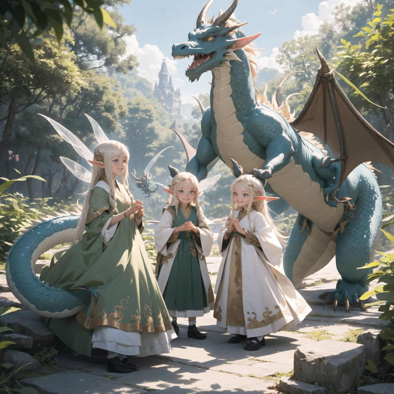 Four innocent 18-year-old elf girls stand on the plateau, watching a heartwarming scene. The elf girls have short, bluish-gray flowing hair, deep blue-green eyes that exude purity, and wear elegant Lolita fashion. They giggle shyly, captivated by the moment.

In front of them, three dragons are gathered. The two European-style dragons, horse-sized, gently shimmer with soft green and blue scales. They spread their wings slightly, as if greeting the elves with a friendly charm. Meanwhile, the Asian-style dragon floats gracefully among the flowers, its long body moving in sync with the wind.

The elves are entranced, watching the dragons as they dance quietly. Surrounding them, fairies and other mystical creatures of various species gather, creating a lively and colorful atmosphere.

Describe the elves' emotions, their interactions with the mystical creatures, and the details of the scene?s atmosphere. Provide a 200-word description that captures both the innocence of the elves and the heartwarming nature of the dragons' dance.