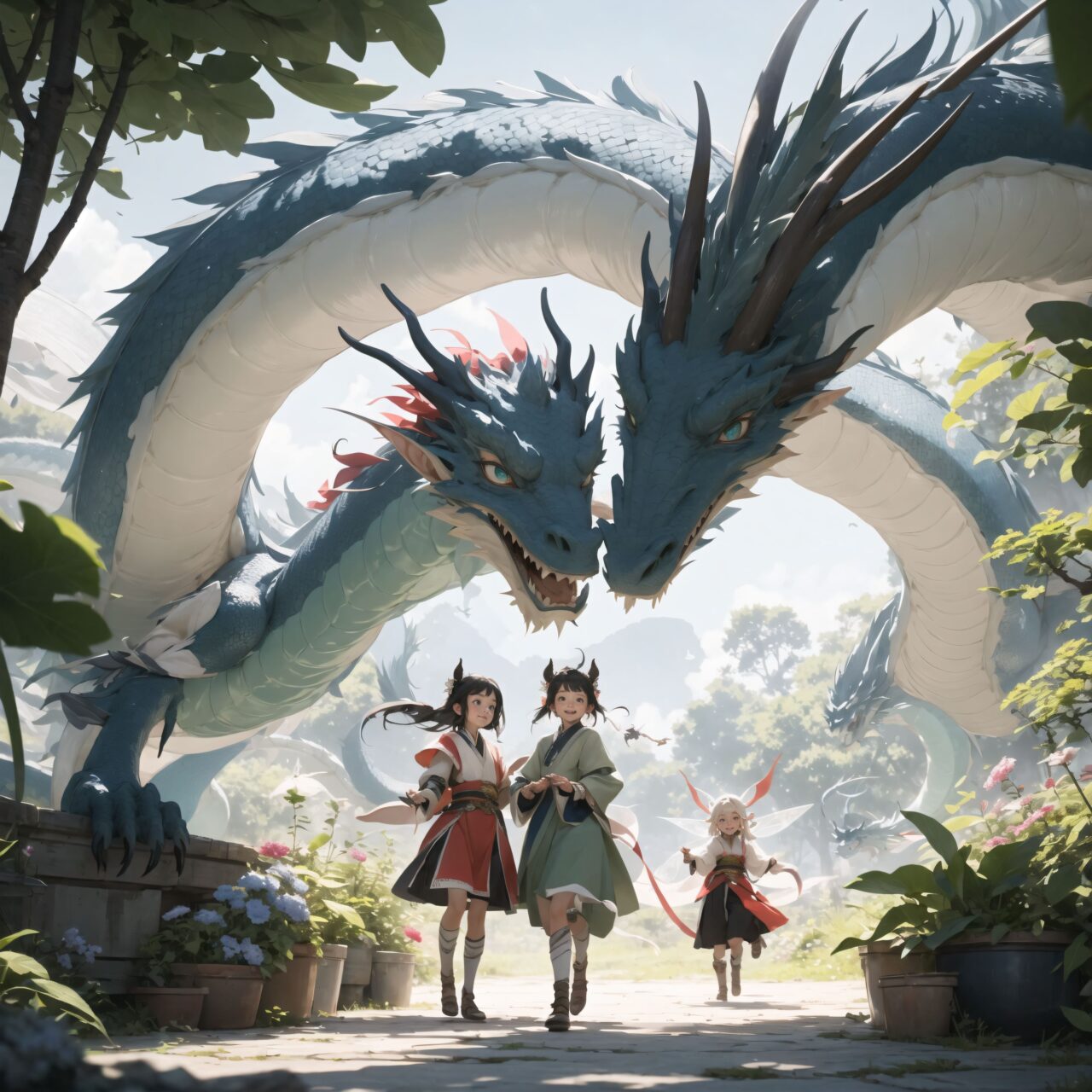 Four innocent 18-year-old elf girls stand on the plateau, watching a heartwarming scene. The elf girls have short, bluish-gray flowing hair, deep blue-green eyes that exude purity, and wear elegant Lolita fashion. They giggle shyly, captivated by the moment.

In front of them, three dragons are gathered. The two European-style dragons, horse-sized, gently shimmer with soft green and blue scales. They spread their wings slightly, as if greeting the elves with a friendly charm. Meanwhile, the Asian-style dragon floats gracefully among the flowers, its long body moving in sync with the wind.

The elves are entranced, watching the dragons as they dance quietly. Surrounding them, fairies and other mystical creatures of various species gather, creating a lively and colorful atmosphere.

Describe the elves' emotions, their interactions with the mystical creatures, and the details of the scene?s atmosphere. Provide a 200-word description that captures both the innocence of the elves and the heartwarming nature of the dragons' dance.