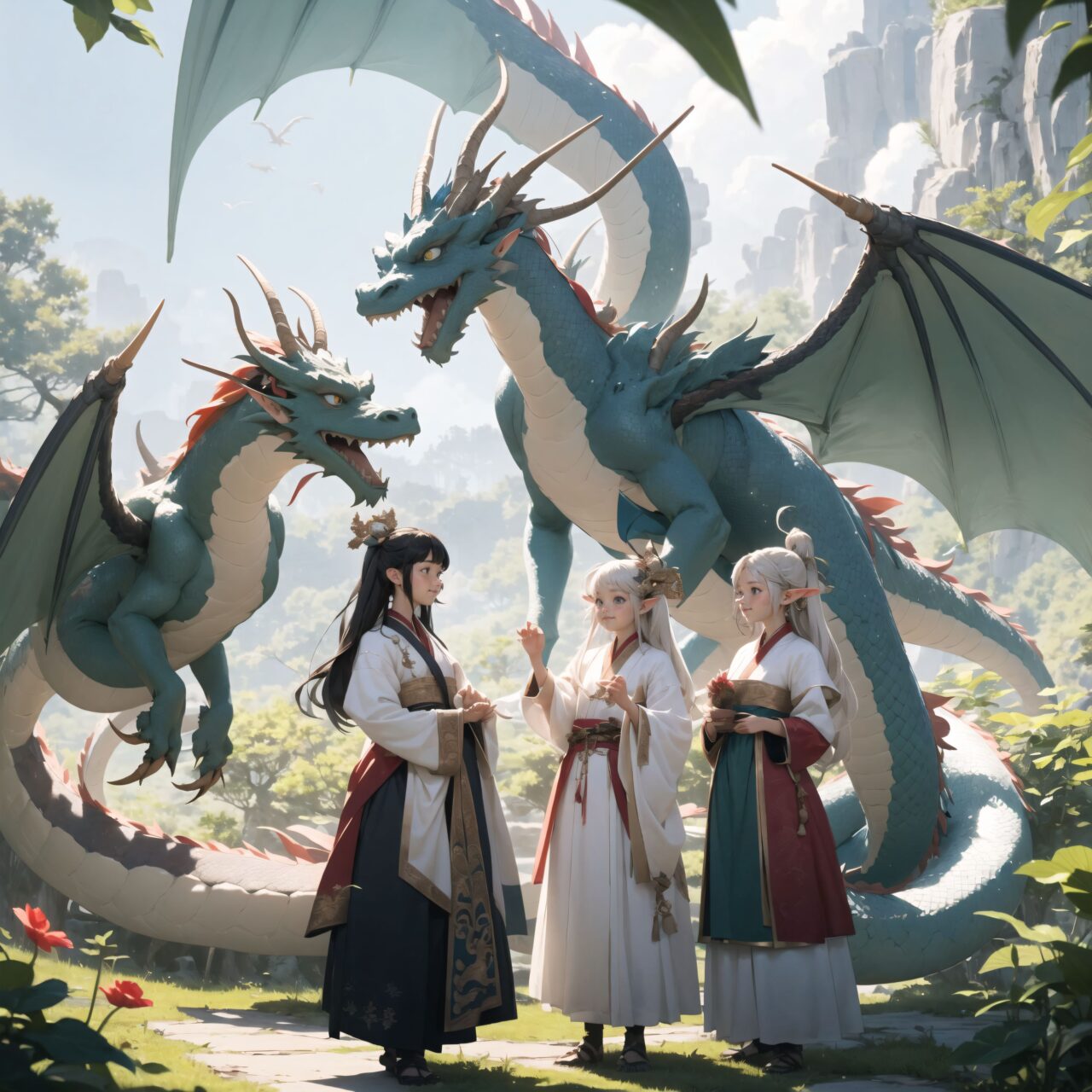 Four innocent 18-year-old elf girls stand on the plateau, watching a heartwarming scene. The elf girls have short, bluish-gray flowing hair, deep blue-green eyes that exude purity, and wear elegant Lolita fashion. They giggle shyly, captivated by the moment.

In front of them, three dragons are gathered. The two European-style dragons, horse-sized, gently shimmer with soft green and blue scales. They spread their wings slightly, as if greeting the elves with a friendly charm. Meanwhile, the Asian-style dragon floats gracefully among the flowers, its long body moving in sync with the wind.

The elves are entranced, watching the dragons as they dance quietly. Surrounding them, fairies and other mystical creatures of various species gather, creating a lively and colorful atmosphere.

Describe the elves' emotions, their interactions with the mystical creatures, and the details of the scene?s atmosphere. Provide a 200-word description that captures both the innocence of the elves and the heartwarming nature of the dragons' dance.