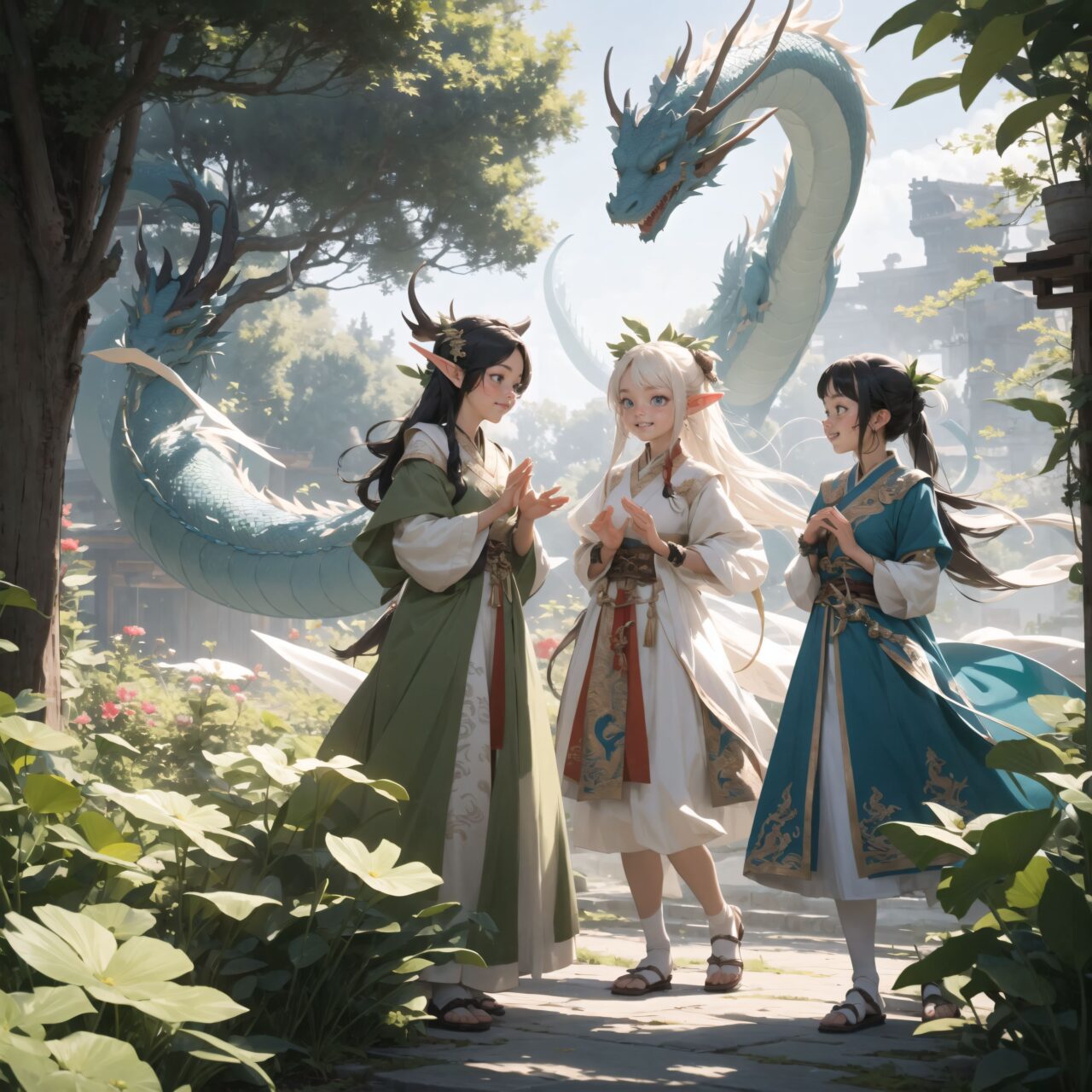 Four innocent 18-year-old elf girls stand on the plateau, watching a heartwarming scene. The elf girls have short, bluish-gray flowing hair, deep blue-green eyes that exude purity, and wear elegant Lolita fashion. They giggle shyly, captivated by the moment.

In front of them, three dragons are gathered. The two European-style dragons, horse-sized, gently shimmer with soft green and blue scales. They spread their wings slightly, as if greeting the elves with a friendly charm. Meanwhile, the Asian-style dragon floats gracefully among the flowers, its long body moving in sync with the wind.

The elves are entranced, watching the dragons as they dance quietly. Surrounding them, fairies and other mystical creatures of various species gather, creating a lively and colorful atmosphere.

Describe the elves' emotions, their interactions with the mystical creatures, and the details of the scene?s atmosphere. Provide a 200-word description that captures both the innocence of the elves and the heartwarming nature of the dragons' dance.