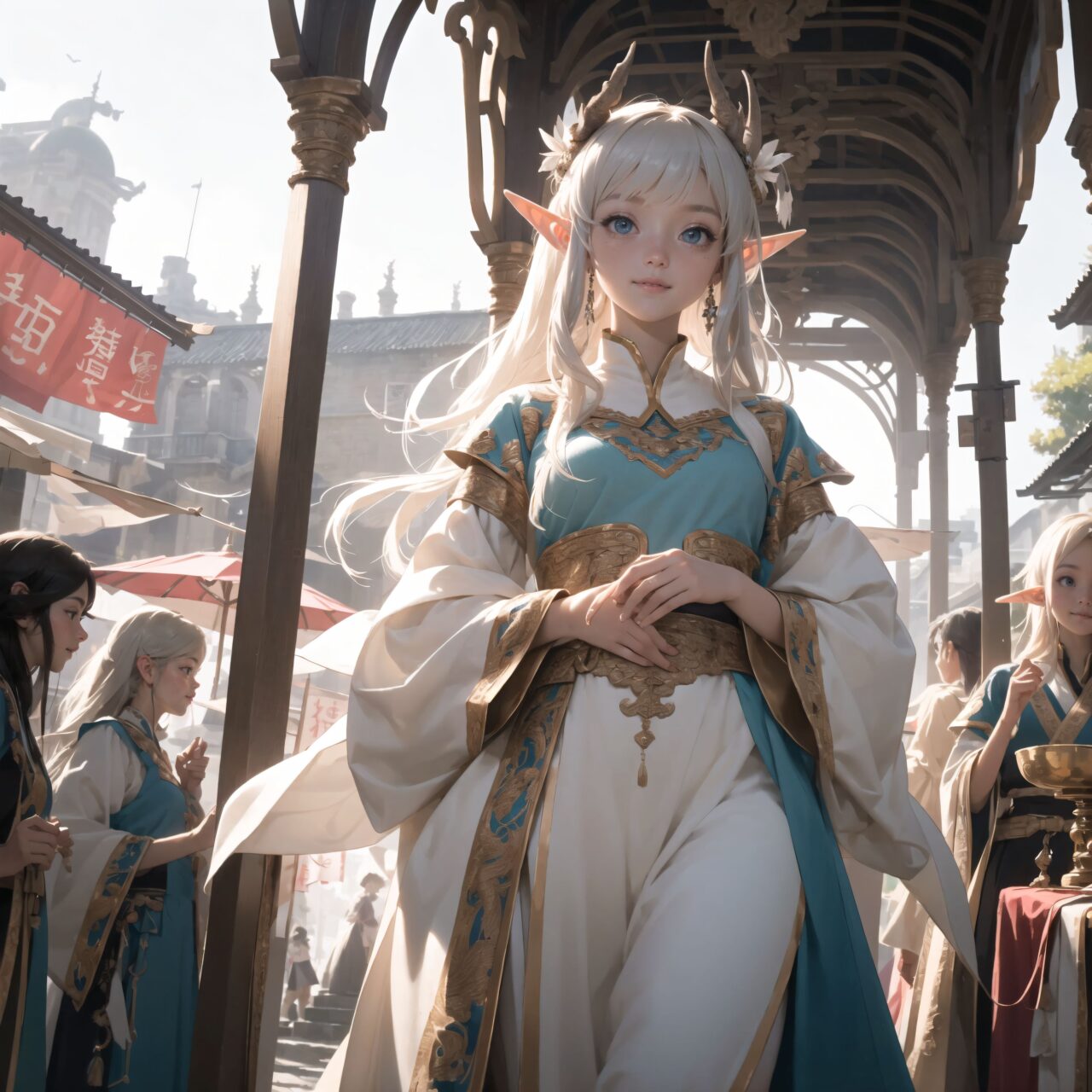 In a bustling medieval fantasy marketplace, three elegant elf girls in flowing, regal robes walk together through the stone-paved streets. The market is alive with the sounds of merchants hawking their goods, and the air is filled with the scent of spices and roasted meats. Stalls line the streets, selling handcrafted jewelry, enchanted items, and exotic fabrics. Above, banners depicting dragons and medieval crests flutter in the wind. In the distance, the towering structure of the Dragon Pavilion looms, its grand stone arches and spires glinting in the sunlight. The elves? long, flowing hair sways as they stroll, their intricate robes adorned with gold thread and delicate embroidery. They smile and chat, excitement building as they approach the majestic pavilion.



Innocent pure and charming 16-year-old girl, 
Innocent, youthful expression, gentle smile, shy demeanour,

Embarrassed Idol smile,

dark deep Blue green eyes, shining with purity,
Silver hair, stylish short cut, delicate flow of hair, 





Facing the camera, making eye contact, embodying childlike wonder, 

Cowboy shot, 
Soft, natural posture, youthful, graceful shot, 


flirtatious eyes expression,, an ideal blend of innocence and enchantment, 
Embodies the popular kawaii girl,
Elements of Lolita fashion, fresh and pure poses, exuding natural charm, 


The low angle emphasises her kawaii and highlights the fine textures of her hair and clothes, 
Natural light casts soft shadows and highlights the contours of her youthful face, 


Bringing her into sharp focus,
Shallow depth of field with the *50mm F/1.2 lens for beautiful depth blur with her face in focus, 
High resolution, detailed graphics, 
vivid colors, professional quality,


Ultra-high resolution, capturing every detail from individual strands of hair to the intricate fabrics of her costume,
Professional-grade clarity and contrast bring the vibrant colours to life,


(EasyNegativeV2:-1.5), (worst quality, low quality:-1.2),
(moles:-1.1),(spot on the skin:-1.2),(freckles:-1.3)
 (bad-hands-5:-1.2), (negative_hand-neg:-1.1),