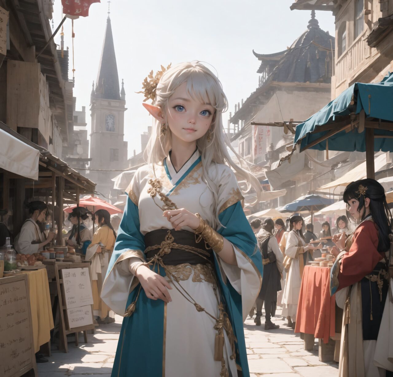 Innocent pure and charming 16-year-old girl, 
Innocent, youthful expression, gentle smile, shy demeanour,

Embarrassed Idol smile,

dark deep Blue green eyes, shining with purity,
Silver hair, stylish short cut, delicate flow of hair, 


In a bustling medieval fantasy marketplace, three elegant elf girls in flowing, regal robes walk together through the stone-paved streets. The market is alive with the sounds of merchants hawking their goods, and the air is filled with the scent of spices and roasted meats. Stalls line the streets, selling handcrafted jewelry, enchanted items, and exotic fabrics. Above, banners depicting dragons and medieval crests flutter in the wind. In the distance, the towering structure of the Dragon Pavilion looms, its grand stone arches and spires glinting in the sunlight. The elves? long, flowing hair sways as they stroll, their intricate robes adorned with gold thread and delicate embroidery. They smile and chat, excitement building as they approach the majestic pavilion.



Facing the camera, making eye contact, embodying childlike wonder, 

Cowboy shot, 
Soft, natural posture, youthful, graceful shot, 


flirtatious eyes expression,, an ideal blend of innocence and enchantment, 
Embodies the popular kawaii girl,
Elements of Lolita fashion, fresh and pure poses, exuding natural charm, 


The low angle emphasises her kawaii and highlights the fine textures of her hair and clothes, 
Natural light casts soft shadows and highlights the contours of her youthful face, 


Bringing her into sharp focus,
Shallow depth of field with the *50mm F/1.2 lens for beautiful depth blur with her face in focus, 
High resolution, detailed graphics, 
vivid colors, professional quality,


Ultra-high resolution, capturing every detail from individual strands of hair to the intricate fabrics of her costume,
Professional-grade clarity and contrast bring the vibrant colours to life,


(EasyNegativeV2:-1.5), (worst quality, low quality:-1.2),
(moles:-1.1),(spot on the skin:-1.2),(freckles:-1.3)
 (bad-hands-5:-1.2), (negative_hand-neg:-1.1),