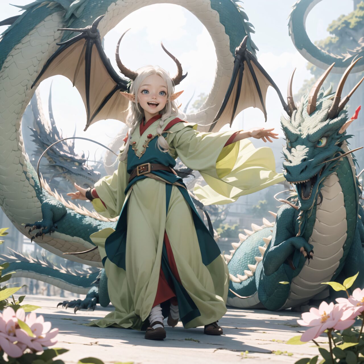 (At the center of the plateau, a dragon the size of a horse with soft green and blue scales that shimmered gently stood before the three elves.
The dragon gazed at the elves with its small round eyes, and spread its wings slightly to greet them. Its appearance was endearing and heartwarming.
The dragons were wiggling their long bodies and happily flying around among the flowers. Their movements seemed to be one with the wind, and a quiet dance party was unfolding among the dragons. The elves were captivated by the cute scene and happily watched on:1.5),


Innocent pure and charming 16-year-old girl, 
Innocent, youthful expression, gentle smile, shy demeanour,

Embarrassed Idol smile,

dark deep Blue green eyes, shining with purity,
Silver hair, stylish short cut, delicate flow of hair, 




Facing the camera, making eye contact, embodying childlike wonder, 

Cowboy shot, 
Soft, natural posture, youthful, graceful shot, 


flirtatious eyes expression,, an ideal blend of innocence and enchantment, 
Embodies the popular kawaii girl,
Elements of Lolita fashion, fresh and pure poses, exuding natural charm, 


The low angle emphasises her kawaii and highlights the fine textures of her hair and clothes, 
Natural light casts soft shadows and highlights the contours of her youthful face, 


Bringing her into sharp focus,
Shallow depth of field with the *50mm F/1.2 lens for beautiful depth blur with her face in focus, 
High resolution, detailed graphics, 
vivid colors, professional quality,


Ultra-high resolution, capturing every detail from individual strands of hair to the intricate fabrics of her costume,
Professional-grade clarity and contrast bring the vibrant colours to life,


(EasyNegativeV2:-1.5), (worst quality, low quality:-1.2),
(moles:-1.1),(spot on the skin:-1.2),(freckles:-1.3)
 (bad-hands-5:-1.2), (negative_hand-neg:-1.1),