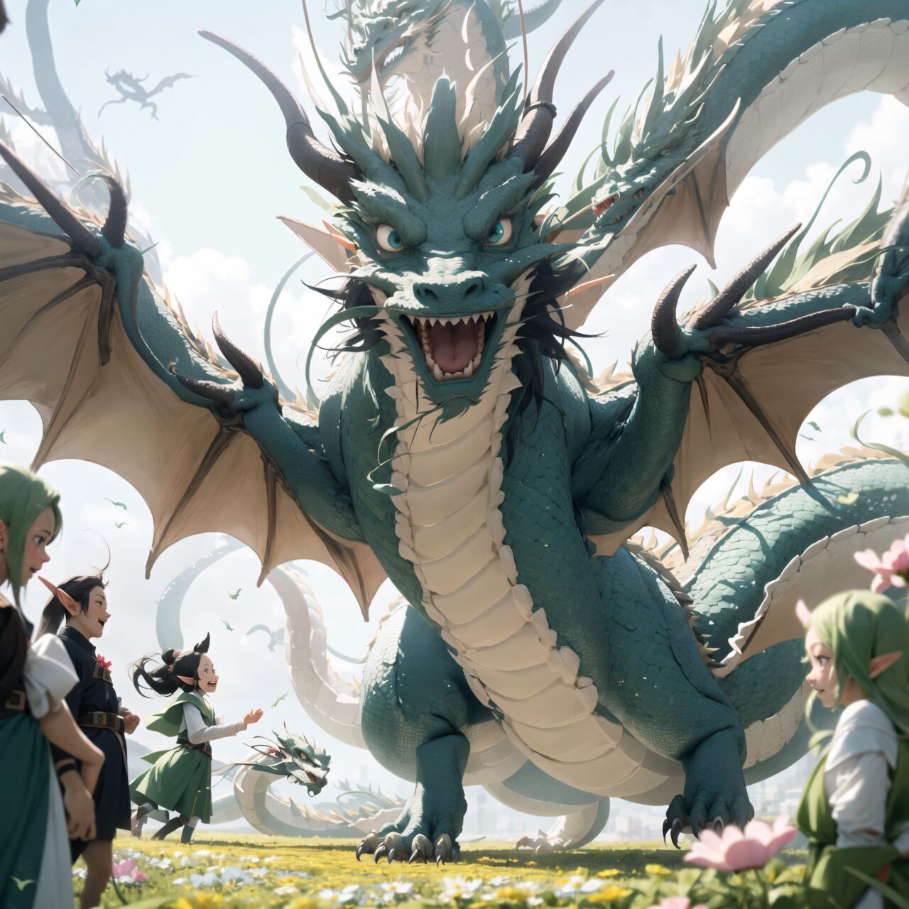 (At the center of the plateau, a dragon the size of a horse with soft green and blue scales that shimmered gently stood before the three elves.
The dragon gazed at the elves with its small round eyes, and spread its wings slightly to greet them. Its appearance was endearing and heartwarming.
The dragons were wiggling their long bodies and happily flying around among the flowers. Their movements seemed to be one with the wind, and a quiet dance party was unfolding among the dragons. The elves were captivated by the cute scene and happily watched on:1.5),


Innocent pure and charming 16-year-old girl, 
Innocent, youthful expression, gentle smile, shy demeanour,

Embarrassed Idol smile,

dark deep Blue green eyes, shining with purity,
Silver hair, stylish short cut, delicate flow of hair, 




Facing the camera, making eye contact, embodying childlike wonder, 

Cowboy shot, 
Soft, natural posture, youthful, graceful shot, 


flirtatious eyes expression,, an ideal blend of innocence and enchantment, 
Embodies the popular kawaii girl,
Elements of Lolita fashion, fresh and pure poses, exuding natural charm, 


The low angle emphasises her kawaii and highlights the fine textures of her hair and clothes, 
Natural light casts soft shadows and highlights the contours of her youthful face, 


Bringing her into sharp focus,
Shallow depth of field with the *50mm F/1.2 lens for beautiful depth blur with her face in focus, 
High resolution, detailed graphics, 
vivid colors, professional quality,


Ultra-high resolution, capturing every detail from individual strands of hair to the intricate fabrics of her costume,
Professional-grade clarity and contrast bring the vibrant colours to life,


(EasyNegativeV2:-1.5), (worst quality, low quality:-1.2),
(moles:-1.1),(spot on the skin:-1.2),(freckles:-1.3)
 (bad-hands-5:-1.2), (negative_hand-neg:-1.1),