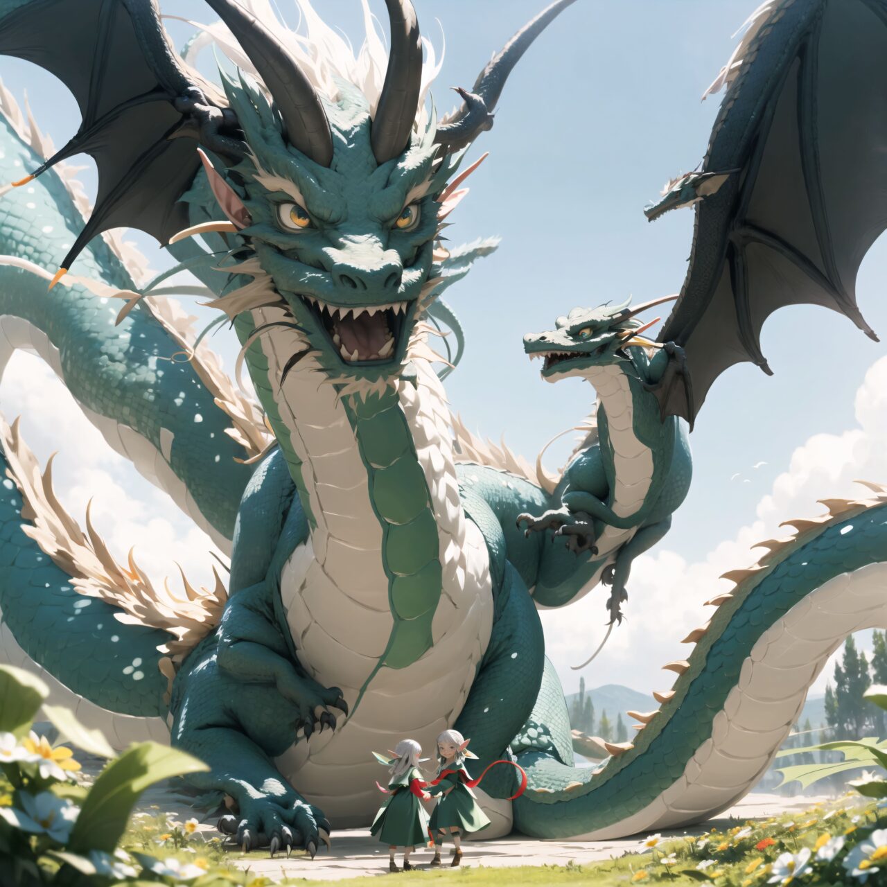 (At the center of the plateau, a dragon the size of a horse with soft green and blue scales that shimmered gently stood before the three elves.
The dragon gazed at the elves with its small round eyes, and spread its wings slightly to greet them. Its appearance was endearing and heartwarming.
The dragons were wiggling their long bodies and happily flying around among the flowers. Their movements seemed to be one with the wind, and a quiet dance party was unfolding among the dragons. The elves were captivated by the cute scene and happily watched on:1.5),


Innocent pure and charming 16-year-old girl, 
Innocent, youthful expression, gentle smile, shy demeanour,

Embarrassed Idol smile,

dark deep Blue green eyes, shining with purity,
Silver hair, stylish short cut, delicate flow of hair, 




Facing the camera, making eye contact, embodying childlike wonder, 

Cowboy shot, 
Soft, natural posture, youthful, graceful shot, 


flirtatious eyes expression,, an ideal blend of innocence and enchantment, 
Embodies the popular kawaii girl,
Elements of Lolita fashion, fresh and pure poses, exuding natural charm, 


The low angle emphasises her kawaii and highlights the fine textures of her hair and clothes, 
Natural light casts soft shadows and highlights the contours of her youthful face, 


Bringing her into sharp focus,
Shallow depth of field with the *50mm F/1.2 lens for beautiful depth blur with her face in focus, 
High resolution, detailed graphics, 
vivid colors, professional quality,


Ultra-high resolution, capturing every detail from individual strands of hair to the intricate fabrics of her costume,
Professional-grade clarity and contrast bring the vibrant colours to life,


(EasyNegativeV2:-1.5), (worst quality, low quality:-1.2),
(moles:-1.1),(spot on the skin:-1.2),(freckles:-1.3)
 (bad-hands-5:-1.2), (negative_hand-neg:-1.1),