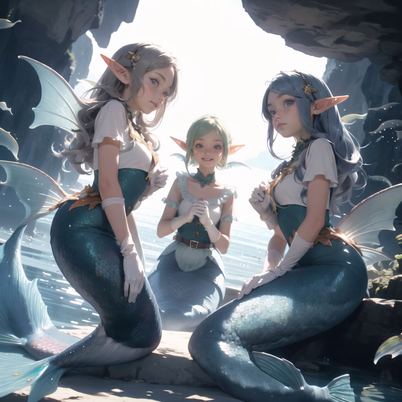 The world of the fairies unfolds in a dimly lit cave lit by a mysterious light. The clear air enhances the magical atmosphere even more.

((The elf girls and mermaids) are located on the central shining lake:1.4), 

four innocent 14-year-old elf girls,
four innocent 14-year-old mermaid girls,

they have short hair, bluish-gray hair, long silky hair, and deep blue-green eyes that exude purity. 
They are dressed in elegant Lolita fashion, with black and white lace, intricate patterns, ribbons, frills, knee-length socks, frilly hair bands, voluminous petticoats, lace gloves, frilly aprons and frilly short boots.

Ribbons, frills, over-the-knee socks, frilly hair bands, voluminous petticoats, lace gloves, frilly aprons, frilly short boots. The girls' expressions are innocent and youthful, and their gentle smiles and bashful laughter are very impressive.

The mermaids are known for their enchanting singing voices,
and they captivate visitors with their beautiful singing voices and magical waterside performances.

The elf girls are surrounded by various types of fairies and mysterious creatures, creating a lively and colorful scene.


The whole event is filled with laughter, music and magical light. The fairies are celebrating unity, enjoying conversation and having a magical evening. The soft light of the natural light casts a soft shadow, highlighting the delicate details of the fairies' elegant costumes and the subtle textures of their hair and clothing.