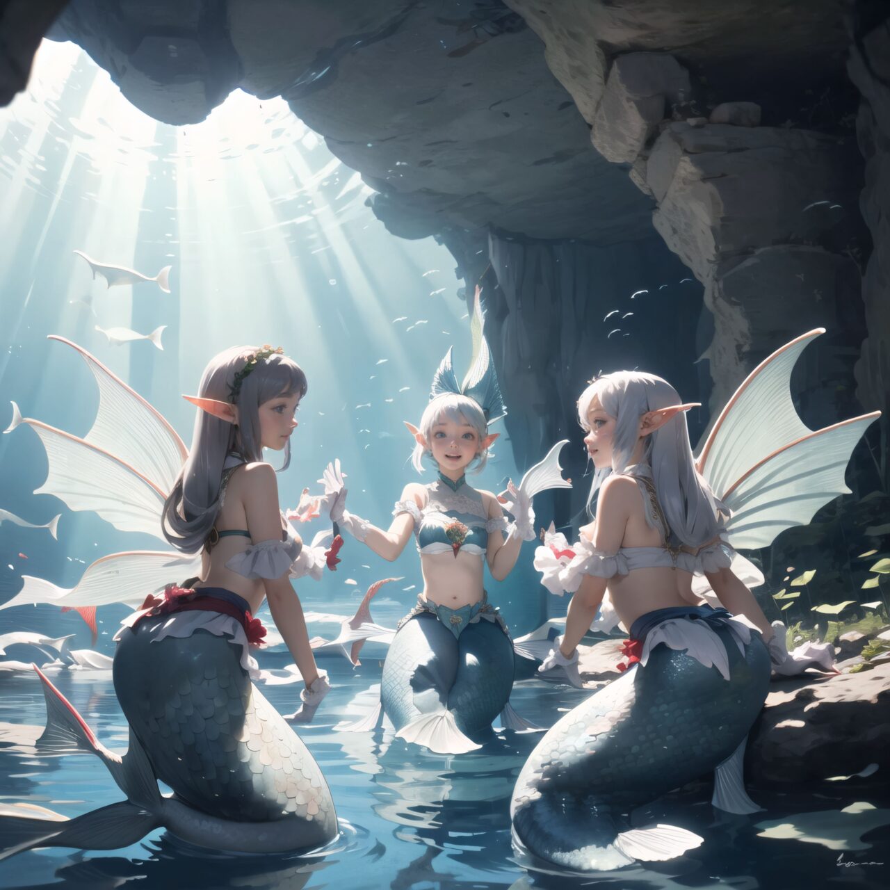 The world of the fairies unfolds in a dimly lit cave lit by a mysterious light. The clear air enhances the magical atmosphere even more.

((The elf girls and mermaids) are located on the central shining lake:1.4), 
BLAKE
four innocent 14-year-old elf girls,
BLAKE
four innocent 14-year-old mermaid girls,
BLAKE
they have short hair, bluish-gray hair, long silky hair, and deep blue-green eyes that exude purity. 
They are dressed in elegant Lolita fashion, with black and white lace, intricate patterns, ribbons, frills, knee-length socks, frilly hair bands, voluminous petticoats, lace gloves, frilly aprons and frilly short boots.

Ribbons, frills, over-the-knee socks, frilly hair bands, voluminous petticoats, lace gloves, frilly aprons, frilly short boots. The girls' expressions are innocent and youthful, and their gentle smiles and bashful laughter are very impressive.

The mermaids are known for their enchanting singing voices,
and they captivate visitors with their beautiful singing voices and magical waterside performances.

The elf girls are surrounded by various types of fairies and mysterious creatures, creating a lively and colorful scene.


The whole event is filled with laughter, music and magical light. The fairies are celebrating unity, enjoying conversation and having a magical evening. The soft light of the natural light casts a soft shadow, highlighting the delicate details of the fairies' elegant costumes and the subtle textures of their hair and clothing.