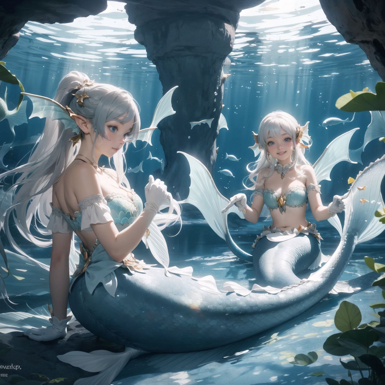 On International Fairy Day, a grand event will be held in the magical world of fairies. The fairy world takes place in a dimly lit cave lit by mysterious lights. The clear air adds to the magical atmosphere.

((Mermaids) are located in the shining lake in the center:1.4), ((Mermaids) are known for their enchanting singing voices), 
They sing beautifully and enchant visitors by the magical waterside.

Four innocent 18-year-old elf girls are watching them. They have short-cut, bluish-gray hair, flowing locks, and deep blue-green eyes that exude purity. They are dressed in elegant Lolita fashion: black and white lace, intricate patterns, ribbons, ruffles, over-the-knee socks, ruffled hair bands, voluminous petticoats, lace gloves, ruffled aprons, and ruffled short boots.

Ribbons, ruffles, over-the-knee socks, ruffled hair bands, petticoats for volume, lace gloves, ruffled aprons, and ruffled short boots. The girls have innocent, youthful expressions on their faces, with gentle smiles and shy, innocent giggles.


Around them, fairies and mystical creatures of various species gather, creating a lively and colorful scene.


The entire event is filled with laughter, music, and fantastic lights. The fairies celebrate their unity, share stories, and enjoy the enchanted evening. Natural light casts soft shadows, highlighting the delicate details of the fairies' elegant costumes and the subtle textures of their hair and clothing.