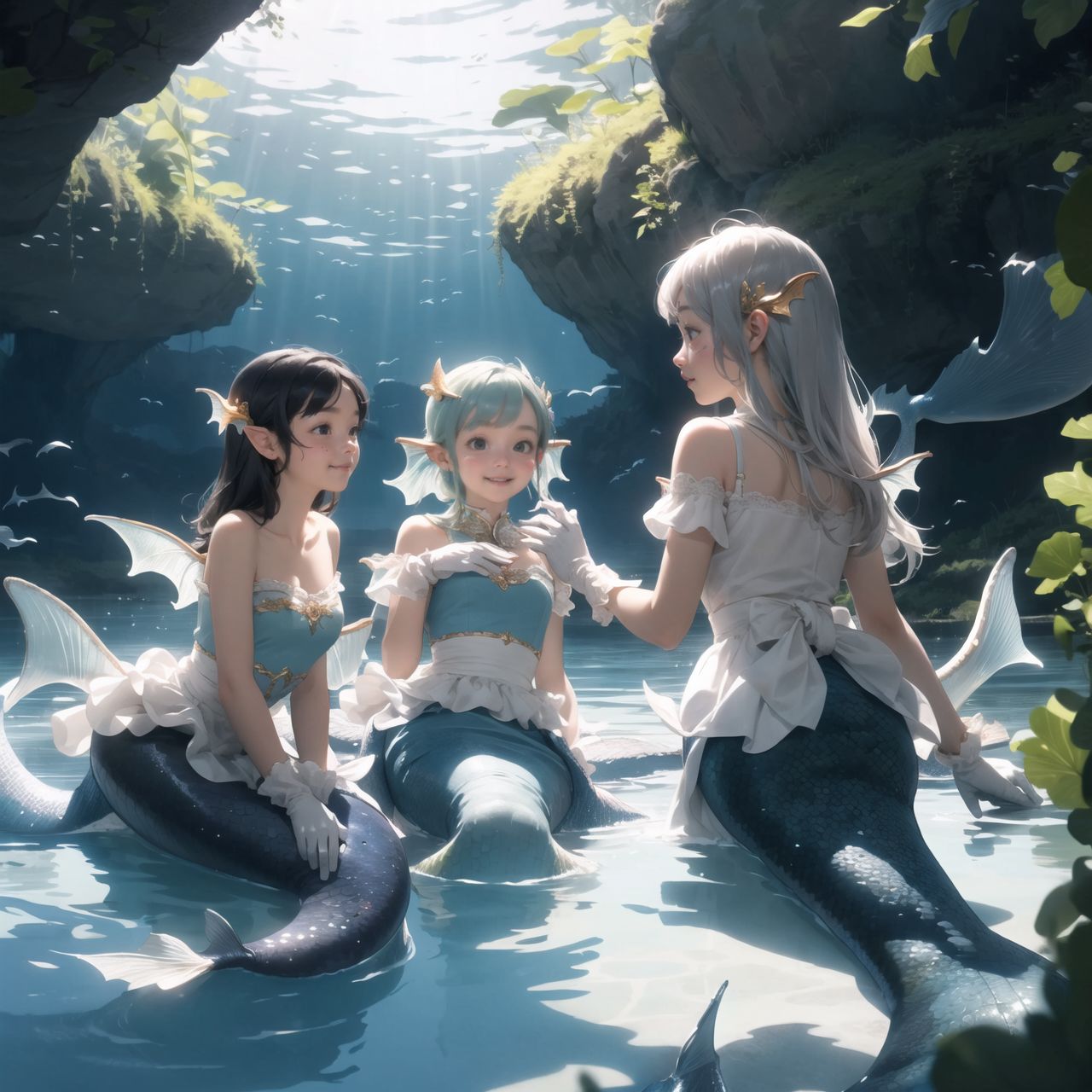 On International Fairy Day, a grand event will be held in the magical world of fairies. The fairy world takes place in a dimly lit cave lit by mysterious lights. The clear air adds to the magical atmosphere.

((Mermaids) are located in the shining lake in the center:1.4), ((Mermaids) are known for their enchanting singing voices), 
They sing beautifully and enchant visitors by the magical waterside.

Four innocent 18-year-old elf girls are watching them. They have short-cut, bluish-gray hair, flowing locks, and deep blue-green eyes that exude purity. They are dressed in elegant Lolita fashion: black and white lace, intricate patterns, ribbons, ruffles, over-the-knee socks, ruffled hair bands, voluminous petticoats, lace gloves, ruffled aprons, and ruffled short boots.

Ribbons, ruffles, over-the-knee socks, ruffled hair bands, petticoats for volume, lace gloves, ruffled aprons, and ruffled short boots. The girls have innocent, youthful expressions on their faces, with gentle smiles and shy, innocent giggles.


Around them, fairies and mystical creatures of various species gather, creating a lively and colorful scene.


The entire event is filled with laughter, music, and fantastic lights. The fairies celebrate their unity, share stories, and enjoy the enchanted evening. Natural light casts soft shadows, highlighting the delicate details of the fairies' elegant costumes and the subtle textures of their hair and clothing.