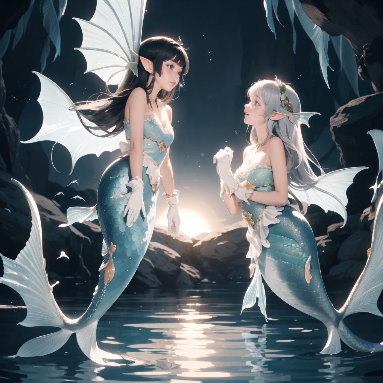 On International Fairy Day, a grand event will be held in the magical world of fairies. The fairy world takes place in a dimly lit cave lit by mysterious lights. The clear air adds to the magical atmosphere.

((Mermaids) are located in the shining lake in the center:1.4), ((Mermaids) are known for their enchanting singing voices), 
They sing beautifully and enchant visitors by the magical waterside.

Four innocent 18-year-old elf girls are watching them. They have short-cut, bluish-gray hair, flowing locks, and deep blue-green eyes that exude purity. They are dressed in elegant Lolita fashion: black and white lace, intricate patterns, ribbons, ruffles, over-the-knee socks, ruffled hair bands, voluminous petticoats, lace gloves, ruffled aprons, and ruffled short boots.

Ribbons, ruffles, over-the-knee socks, ruffled hair bands, petticoats for volume, lace gloves, ruffled aprons, and ruffled short boots. The girls have innocent, youthful expressions on their faces, with gentle smiles and shy, innocent giggles.


Around them, fairies and mystical creatures of various species gather, creating a lively and colorful scene.


The entire event is filled with laughter, music, and fantastic lights. The fairies celebrate their unity, share stories, and enjoy the enchanted evening. Natural light casts soft shadows, highlighting the delicate details of the fairies' elegant costumes and the subtle textures of their hair and clothing.