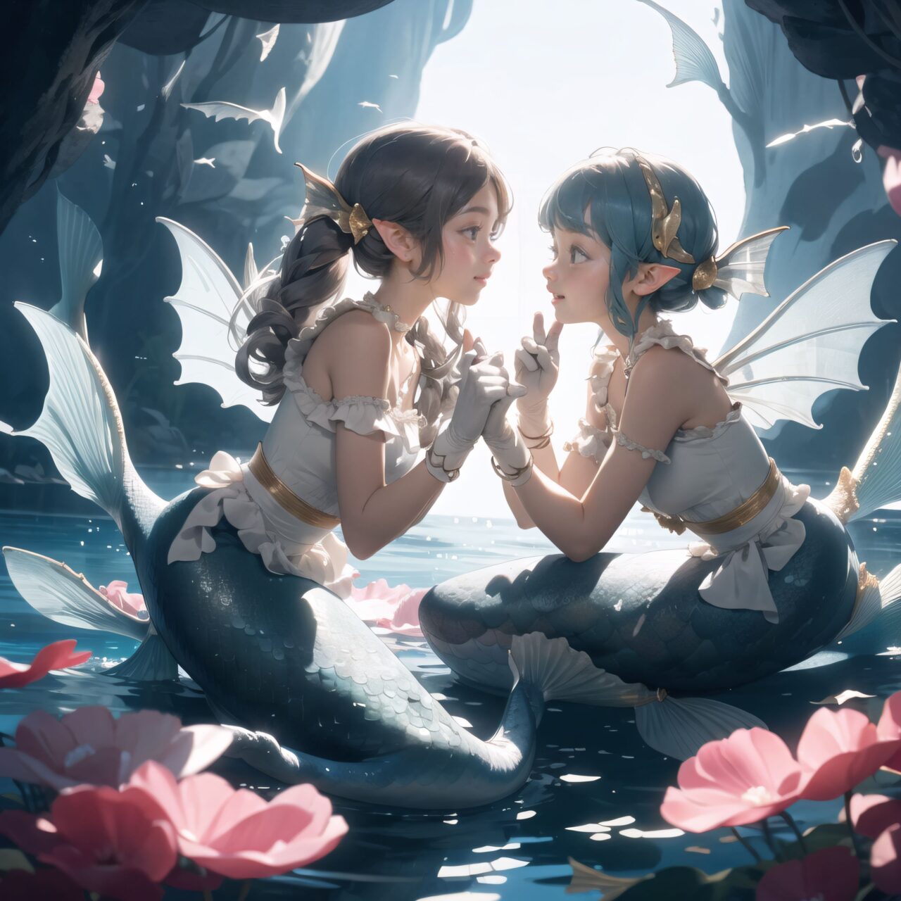 On International Fairy Day, a grand event will be held in the magical world of fairies. The fairy world takes place in a dimly lit cave lit by mysterious lights. The clear air adds to the magical atmosphere.

((Mermaids) are located in the shining lake in the center:1.4), ((Mermaids) are known for their enchanting singing voices), 
They sing beautifully and enchant visitors by the magical waterside.

Four innocent 18-year-old elf girls are watching them. They have short-cut, bluish-gray hair, flowing locks, and deep blue-green eyes that exude purity. They are dressed in elegant Lolita fashion: black and white lace, intricate patterns, ribbons, ruffles, over-the-knee socks, ruffled hair bands, voluminous petticoats, lace gloves, ruffled aprons, and ruffled short boots.

Ribbons, ruffles, over-the-knee socks, ruffled hair bands, petticoats for volume, lace gloves, ruffled aprons, and ruffled short boots. The girls have innocent, youthful expressions on their faces, with gentle smiles and shy, innocent giggles.


Around them, fairies and mystical creatures of various species gather, creating a lively and colorful scene.


The entire event is filled with laughter, music, and fantastic lights. The fairies celebrate their unity, share stories, and enjoy the enchanted evening. Natural light casts soft shadows, highlighting the delicate details of the fairies' elegant costumes and the subtle textures of their hair and clothing.