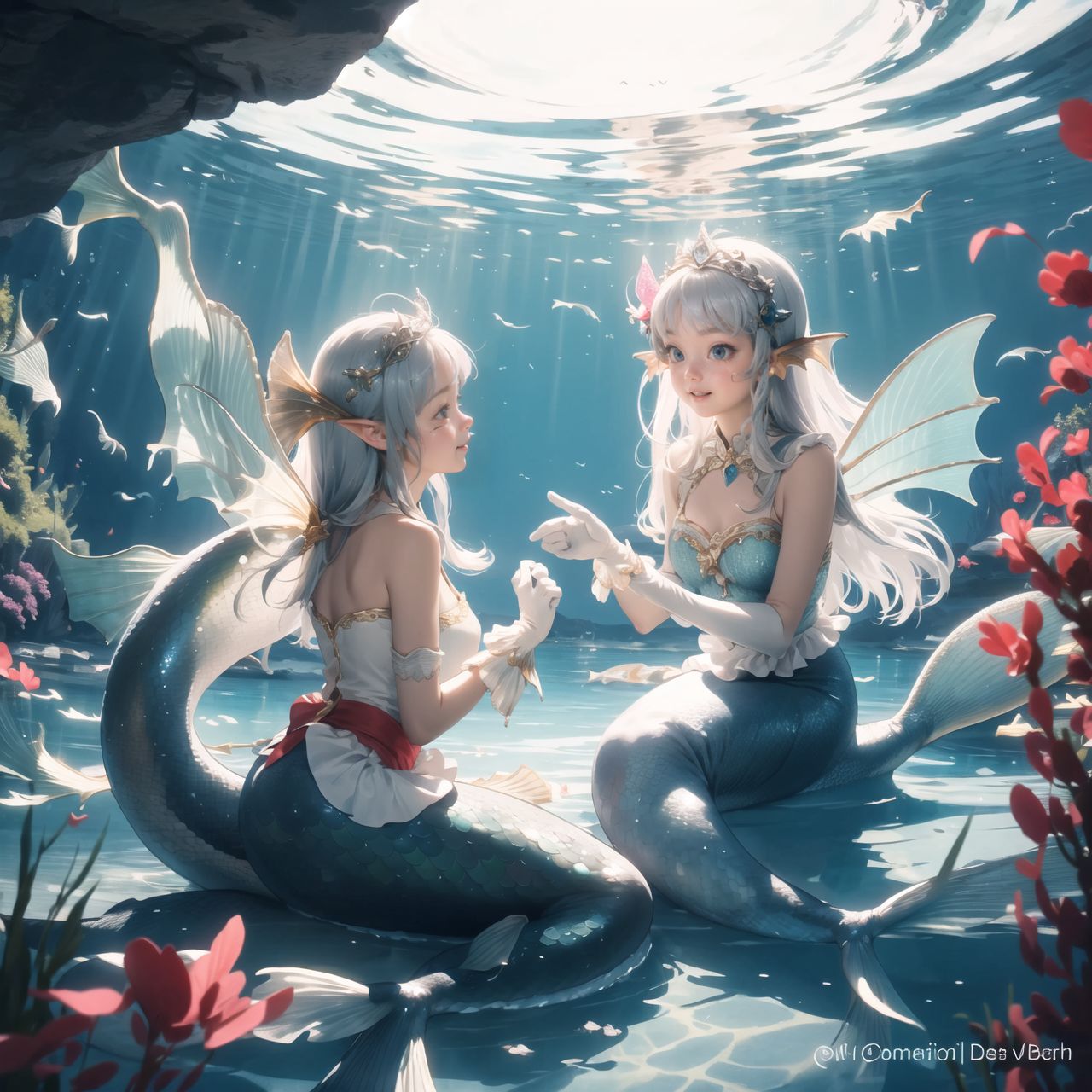 On International Fairy Day, a grand event will be held in the magical world of fairies. The fairy world takes place in a dimly lit cave lit by mysterious lights. The clear air adds to the magical atmosphere.

((Mermaids) are located in the shining lake in the center:1.4), ((Mermaids) are known for their enchanting singing voices), 
They sing beautifully and enchant visitors by the magical waterside.

Four innocent 18-year-old elf girls are watching them. They have short-cut, bluish-gray hair, flowing locks, and deep blue-green eyes that exude purity. They are dressed in elegant Lolita fashion: black and white lace, intricate patterns, ribbons, ruffles, over-the-knee socks, ruffled hair bands, voluminous petticoats, lace gloves, ruffled aprons, and ruffled short boots.

Ribbons, ruffles, over-the-knee socks, ruffled hair bands, petticoats for volume, lace gloves, ruffled aprons, and ruffled short boots. The girls have innocent, youthful expressions on their faces, with gentle smiles and shy, innocent giggles.


Around them, fairies and mystical creatures of various species gather, creating a lively and colorful scene.


The entire event is filled with laughter, music, and fantastic lights. The fairies celebrate their unity, share stories, and enjoy the enchanted evening. Natural light casts soft shadows, highlighting the delicate details of the fairies' elegant costumes and the subtle textures of their hair and clothing.